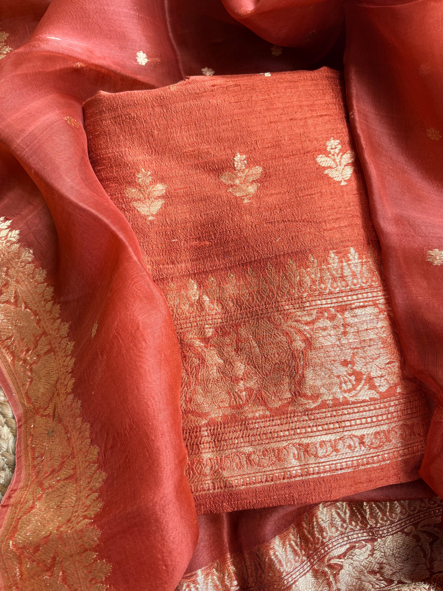 Rust raw silk kurta, bottom and kora kadhwa dupatta