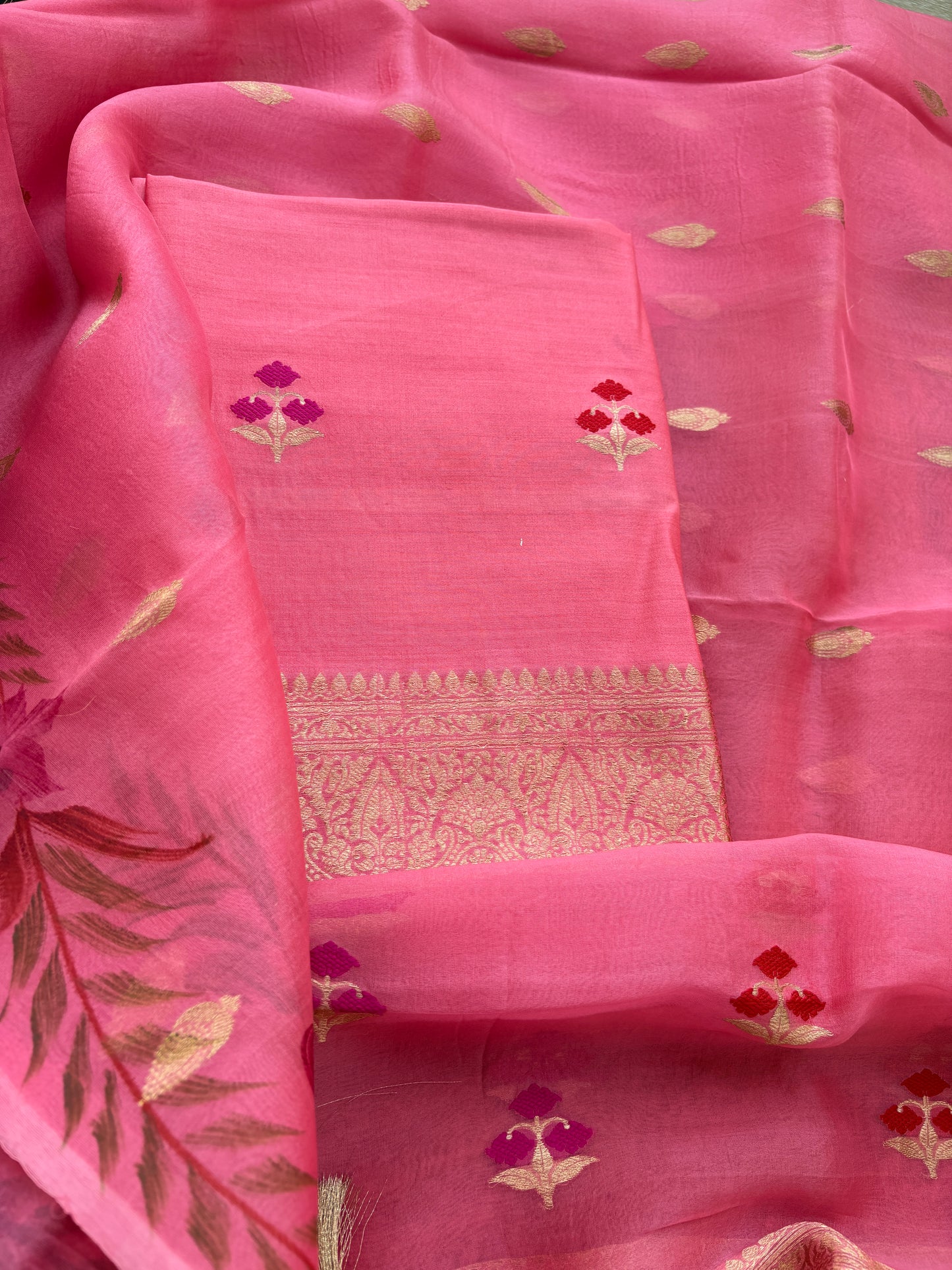 Pink Chiniya silk kora silk suit set