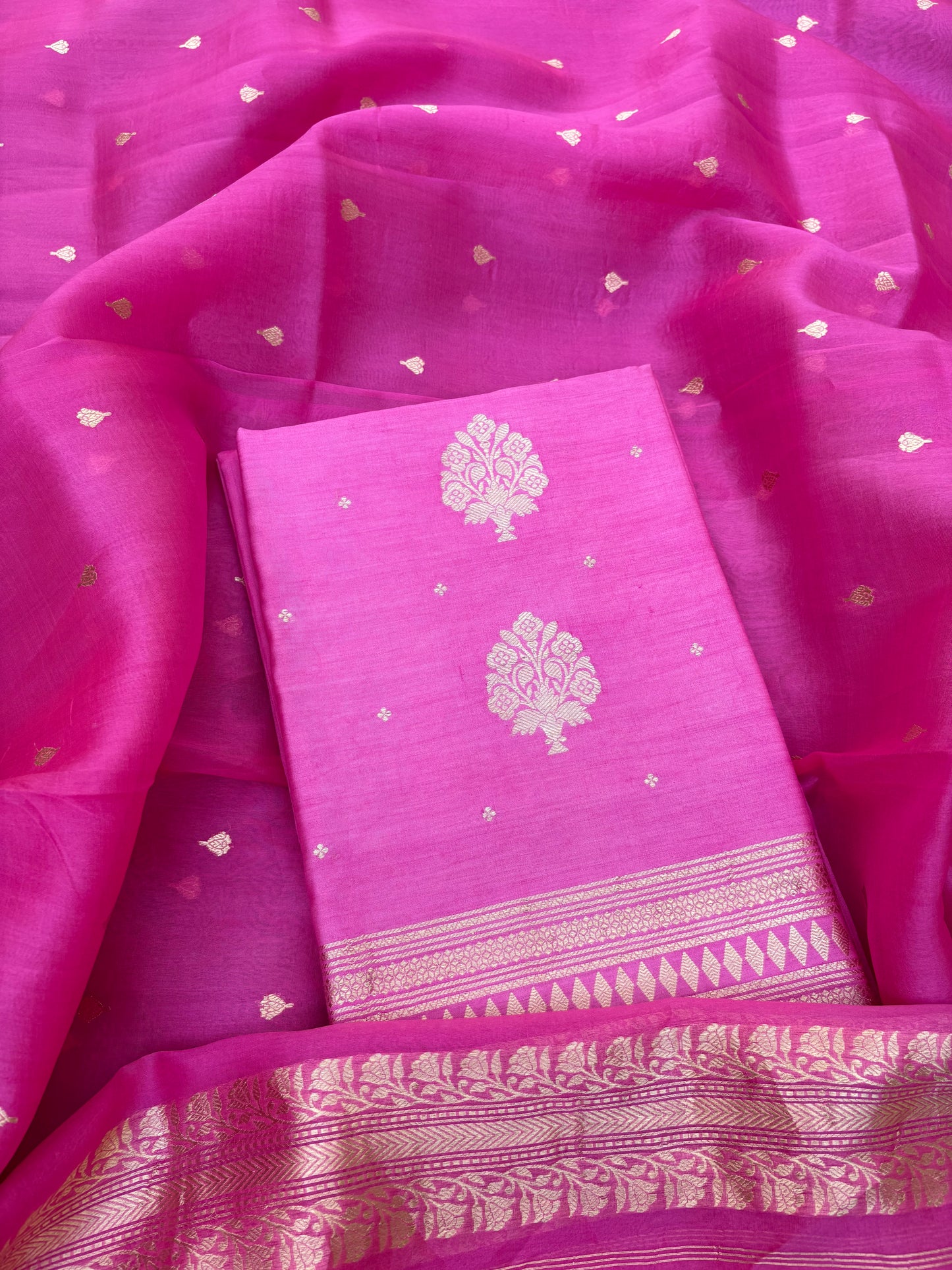 Pink Chiniya silk, kora silk dupatt 3 piece suit set