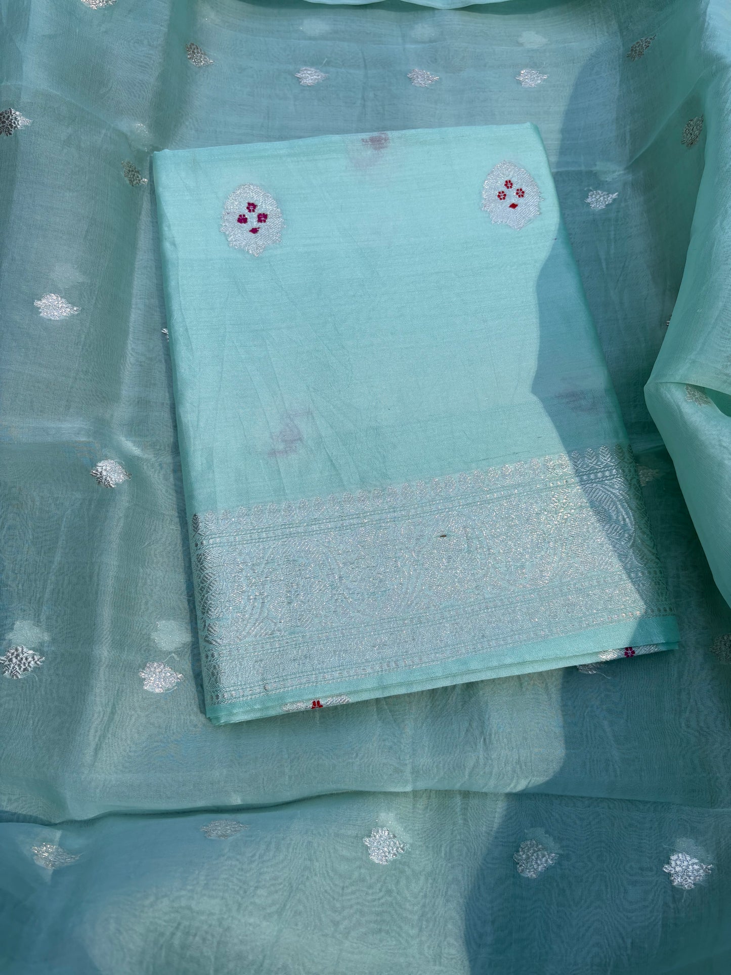 Turq silver zari meenadar kurta, kora silk dupatta, plain bottom
