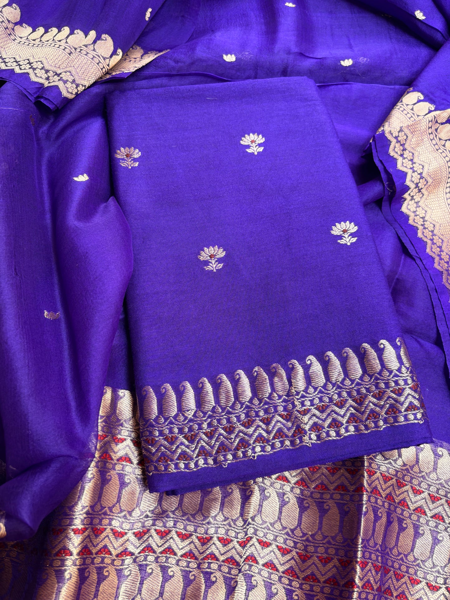 Purple moonga silk kurta, bottom , kora kadhwa silk dupatta