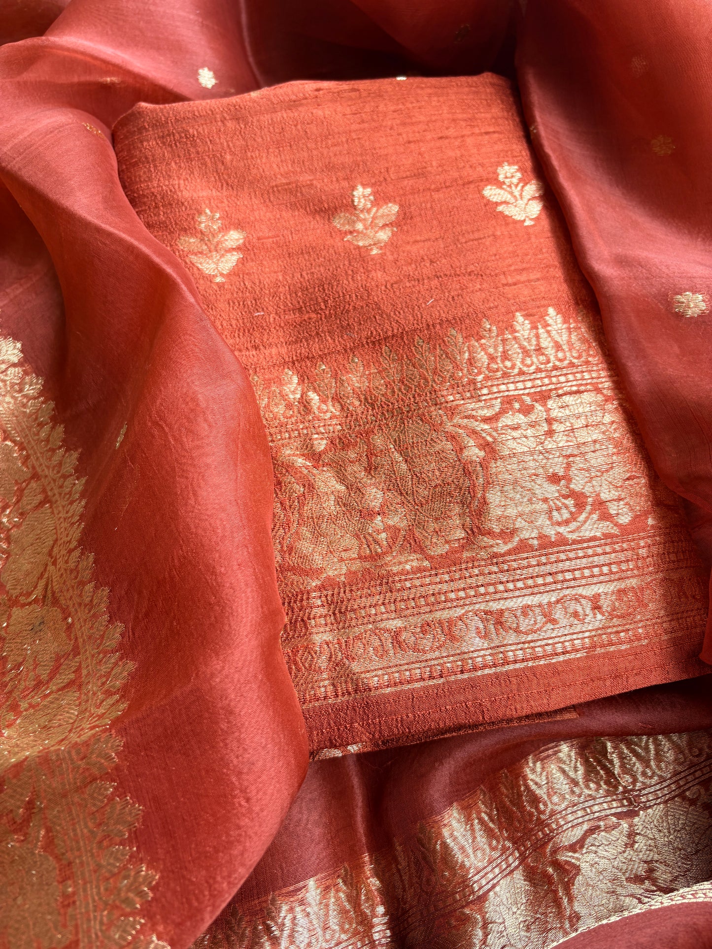 Rust raw silk kurta, bottom and kora kadhwa dupatta