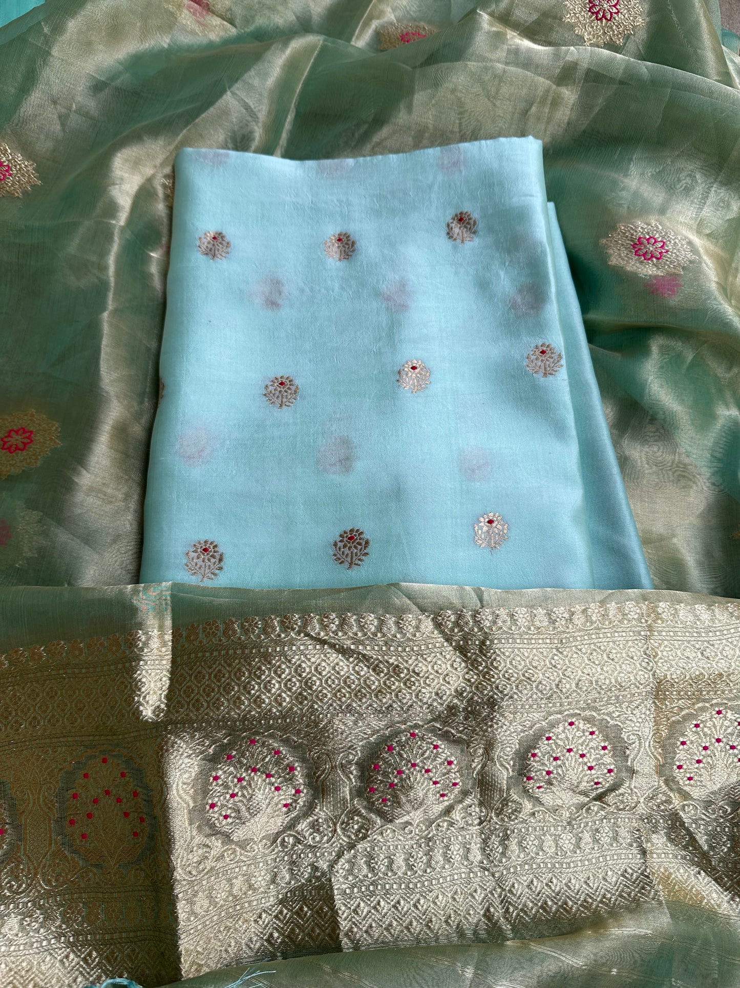 Sky blue chiniya silk kurta, bottom and tissue meendar dupatta