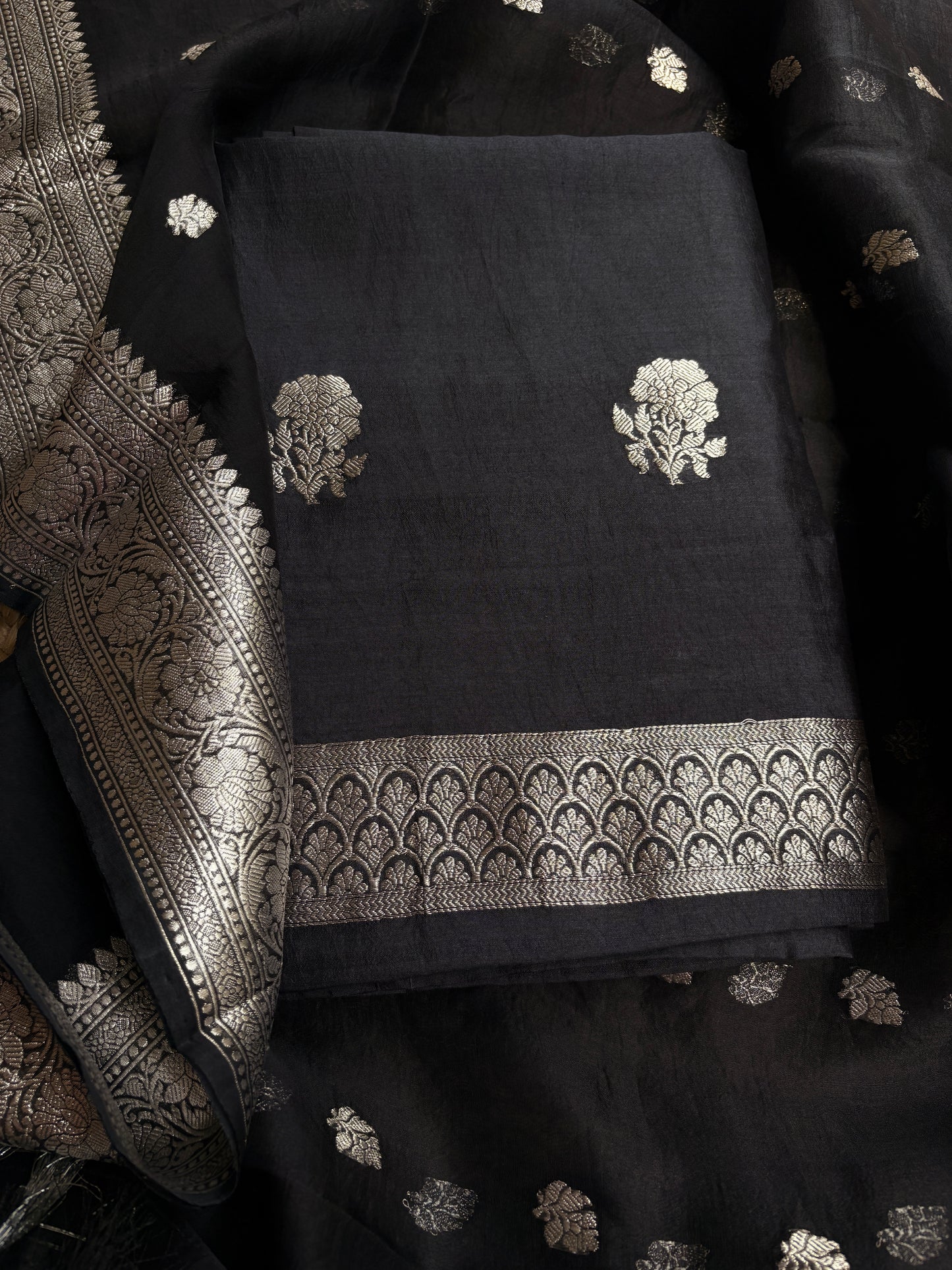 Black silver zari Chiniya silk suit set