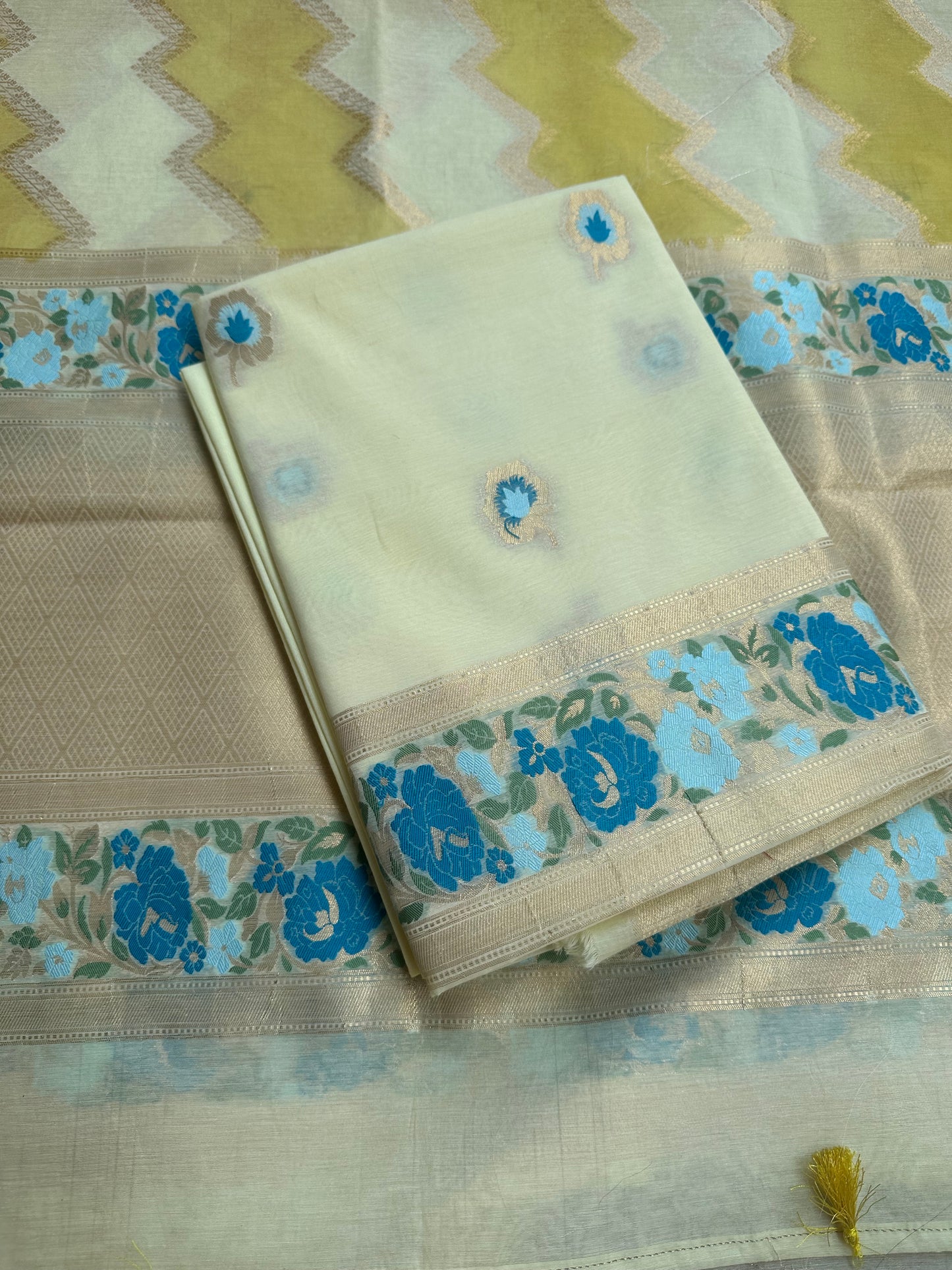 Lime yellow chanderi exclusive weaving 3 piece set