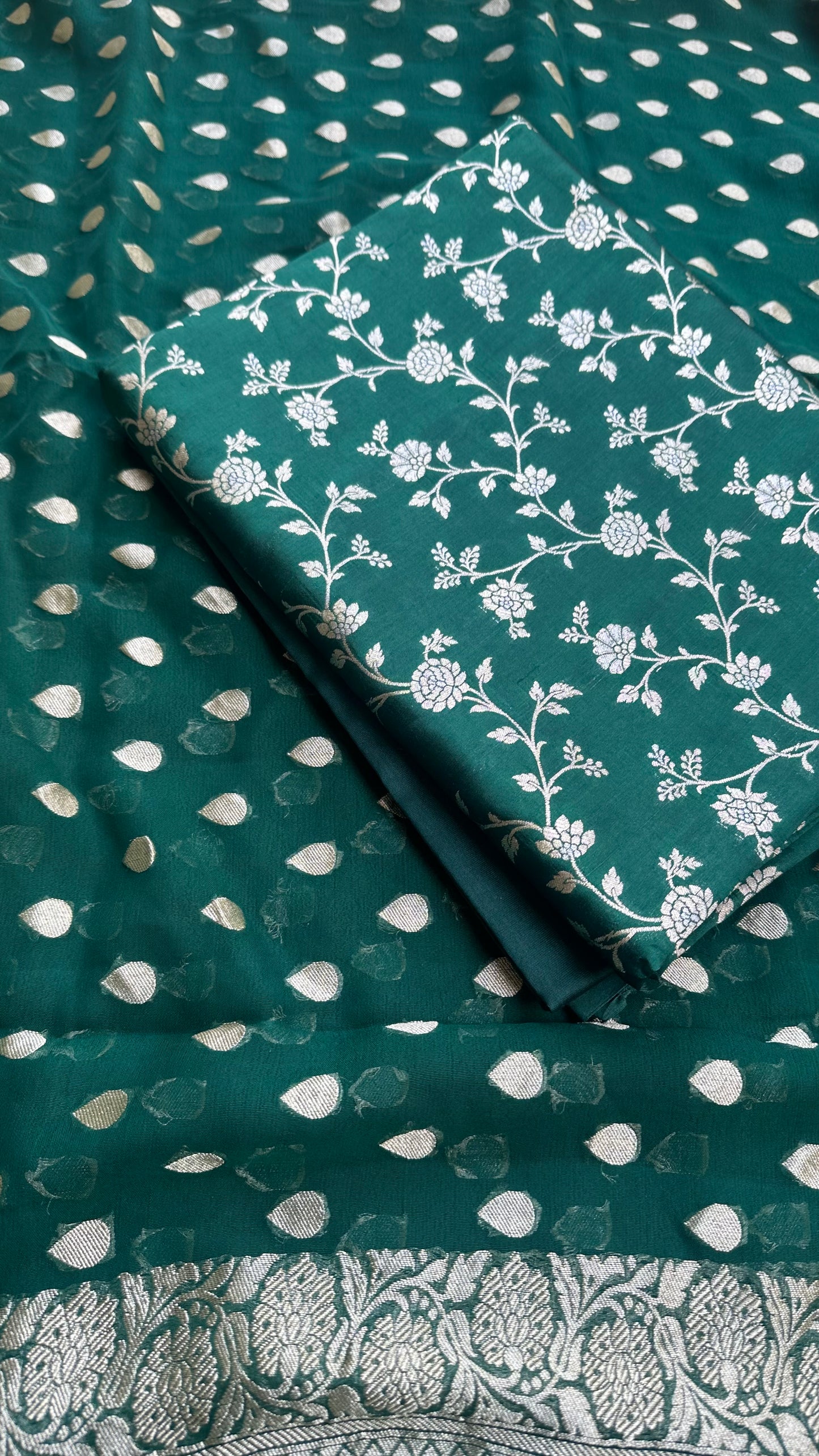 Green chiniya silk kurta, georgette dupatta, plain bottom.