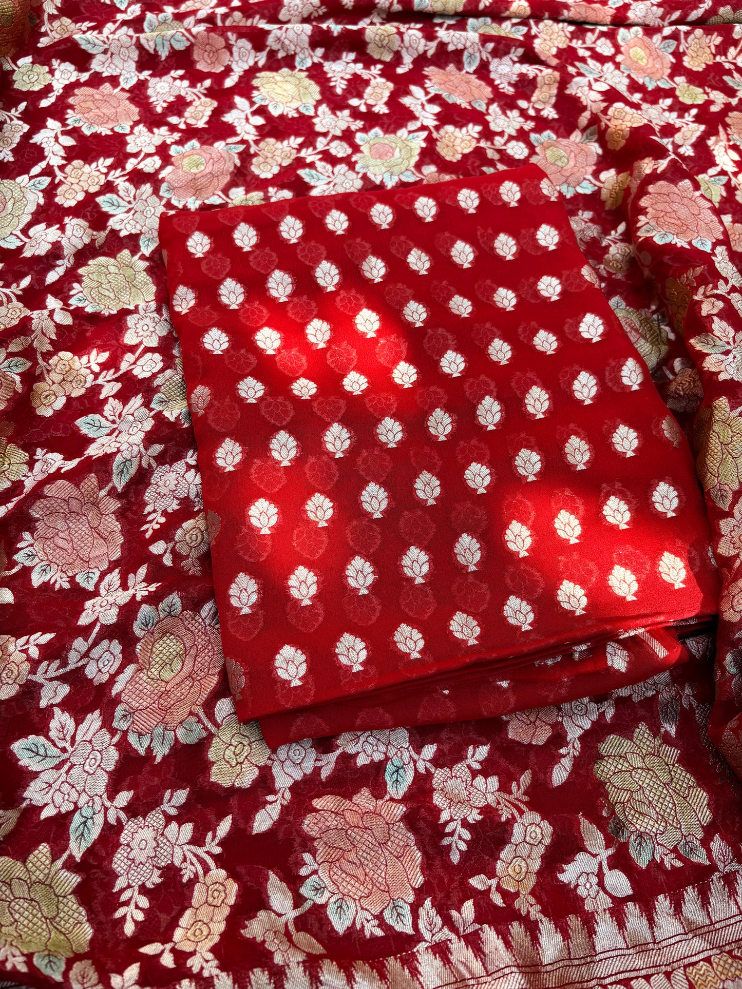 Red Khaddi georgette, hand brushed dupatta, plain bottom