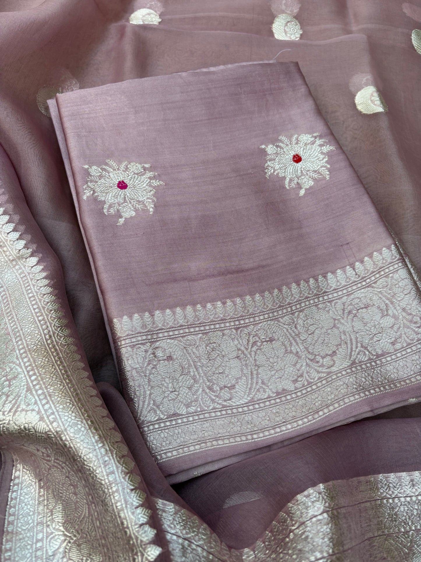 Lavender Chiniya kora silver zari 3 piece suit set