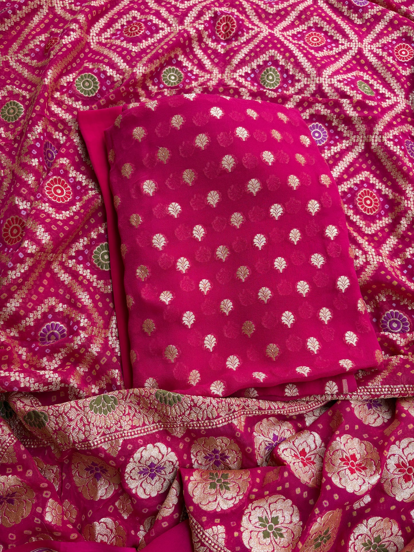 Pink Khaddi georgette kurta, bandhani georgette dupatta, plain bottom
