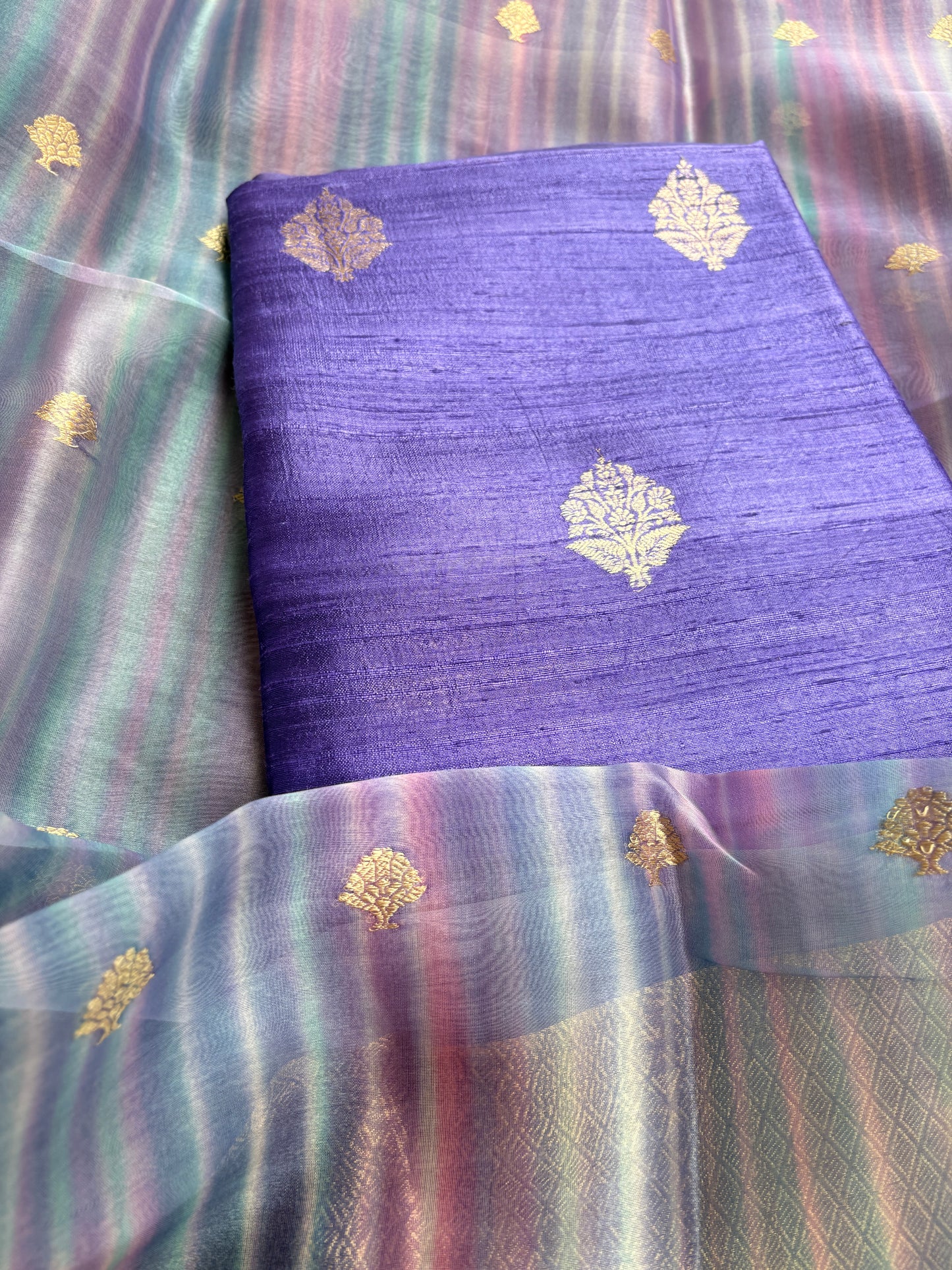 Pure raw silk kurta, bottom and kora digital dyed dupatta