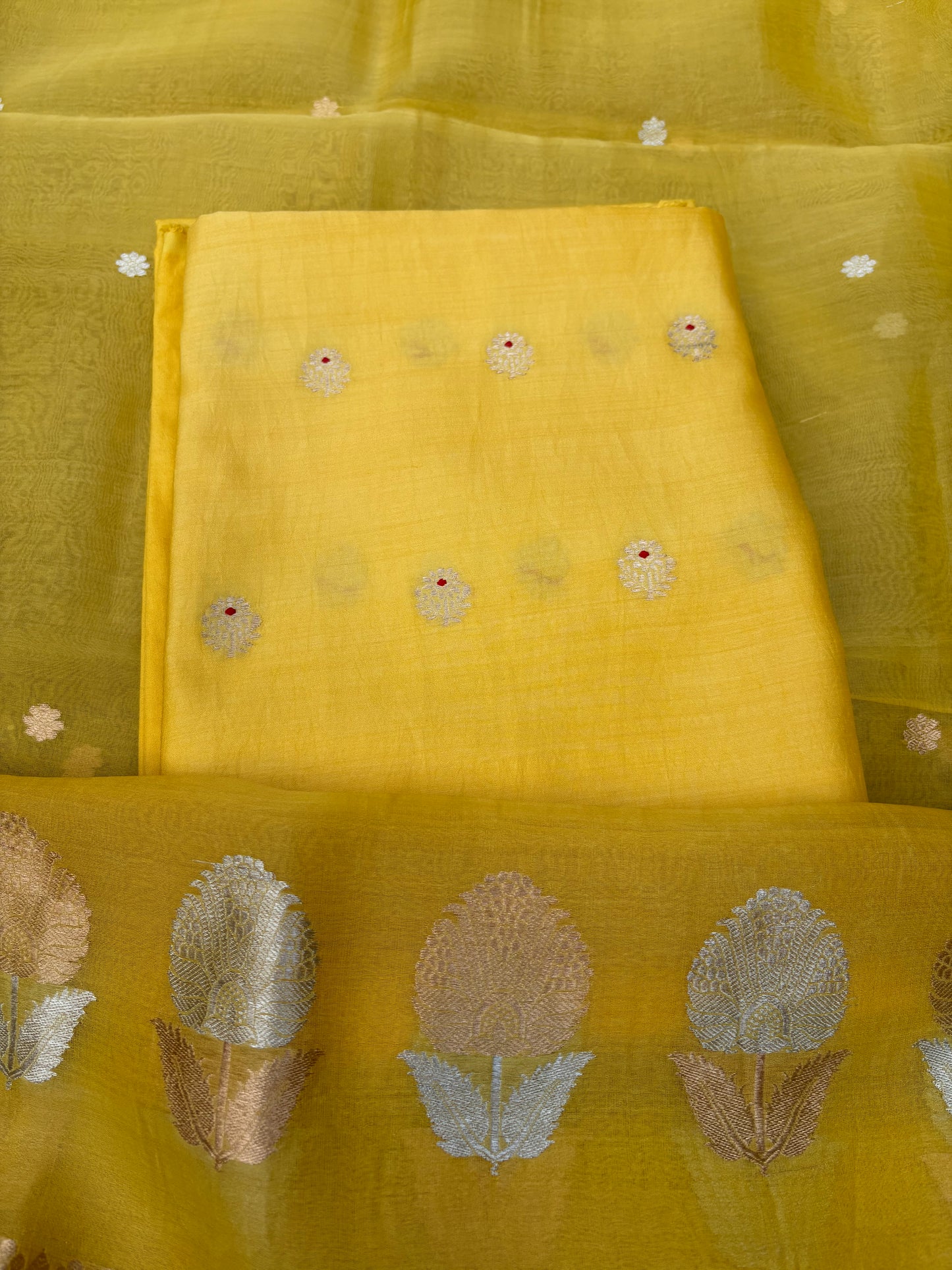 Yellow Chiniya silk kurta, kora silk dupatta , plain bottom