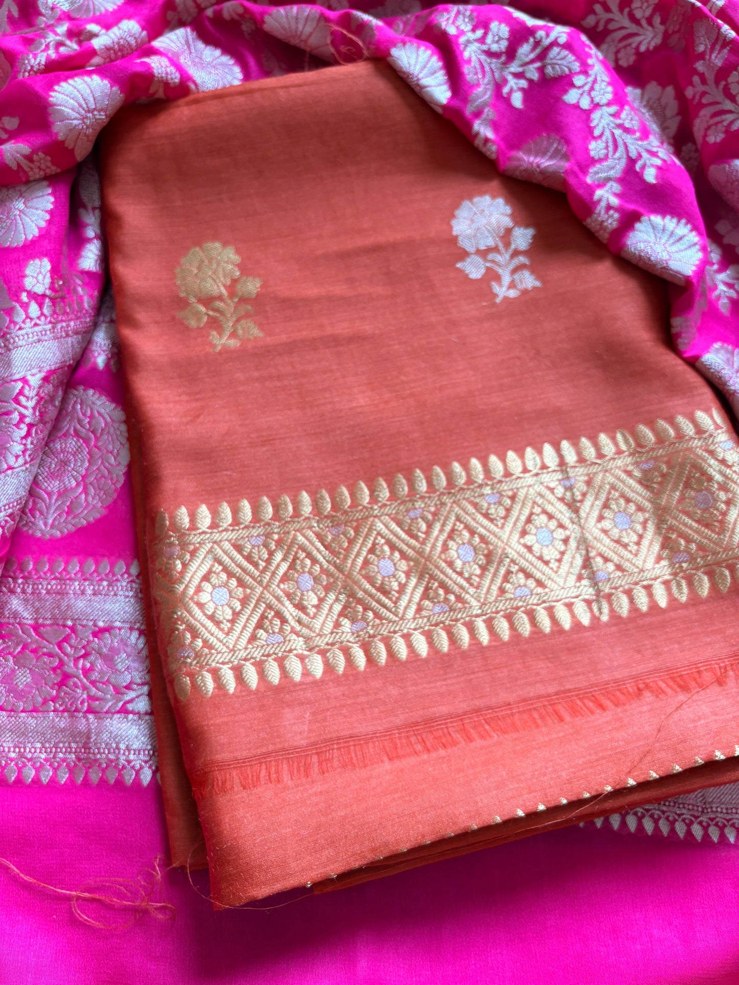 Rust moonga silk kurta, bottom and Khaddi georgette dupatta