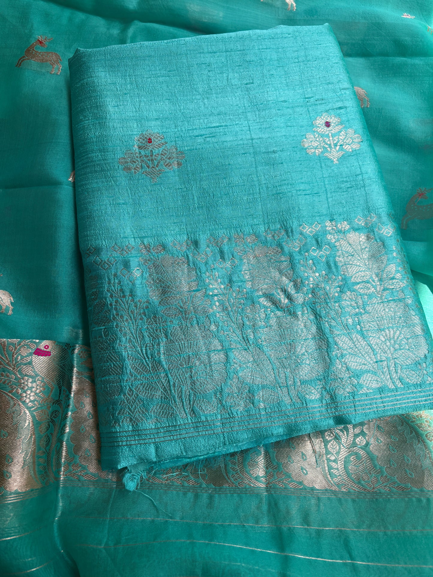 Blue raw silk Kurta, bottom , Kora silk deer motif dupatta