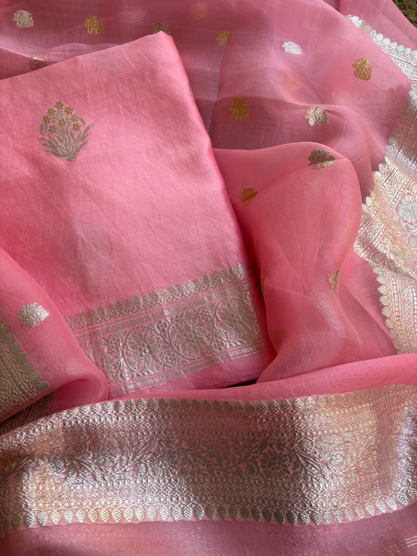 Pink pure silver zari chiniya kurta, kora dupatta, plain silk bottom.