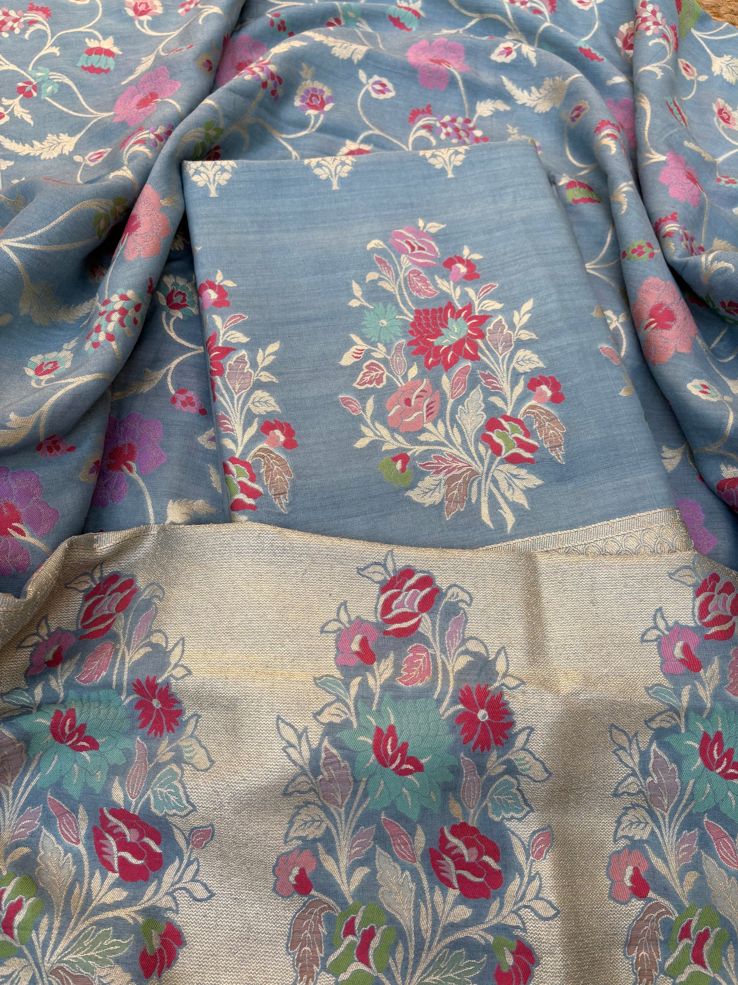 Blue meenadar tilfi weaving moonga silk 3 piece suit set