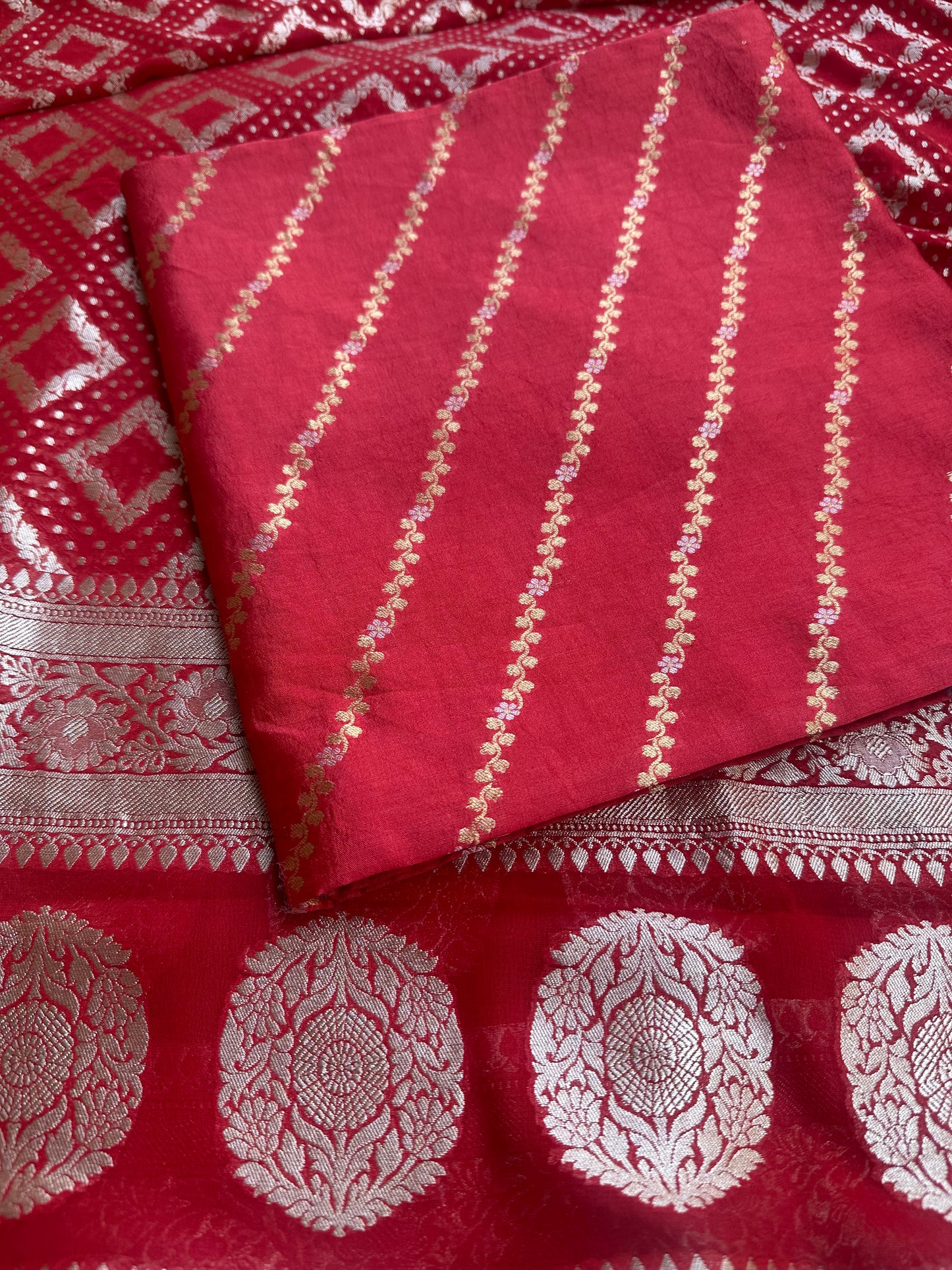 Red chiniya silk kurta, khaddi georgette dupatta, plain silk bottom