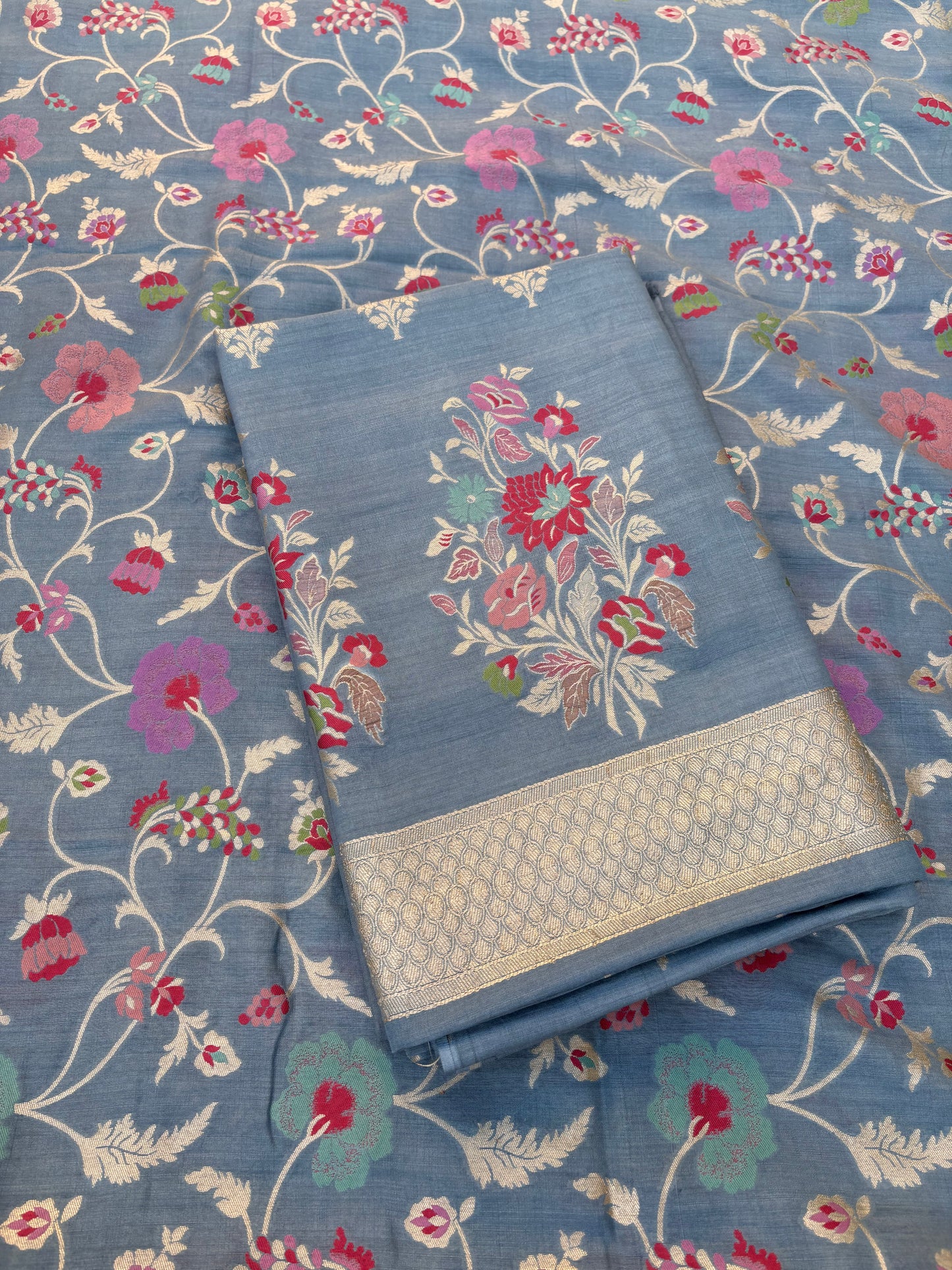 Blue meenadar tilfi weaving moonga silk 3 piece suit set