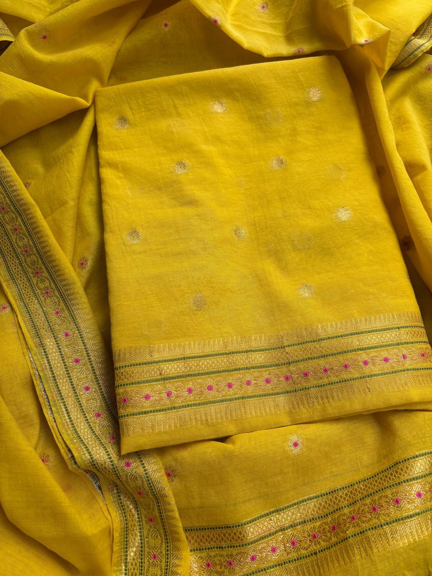 Yellow cotton jamdani 3 piece suit set