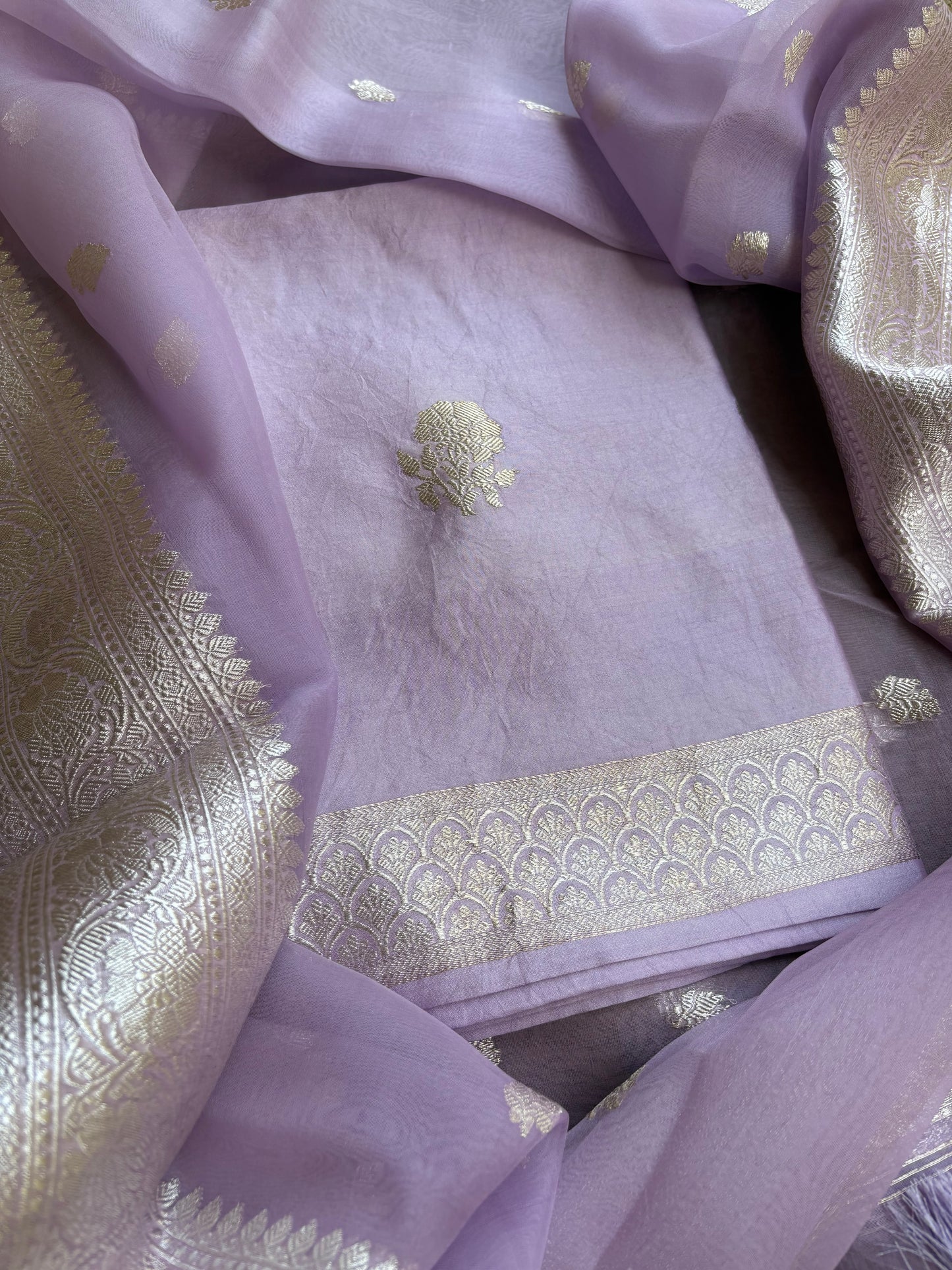 Lavender pure silver zari kurta, kora dupatta,plain bottom.
