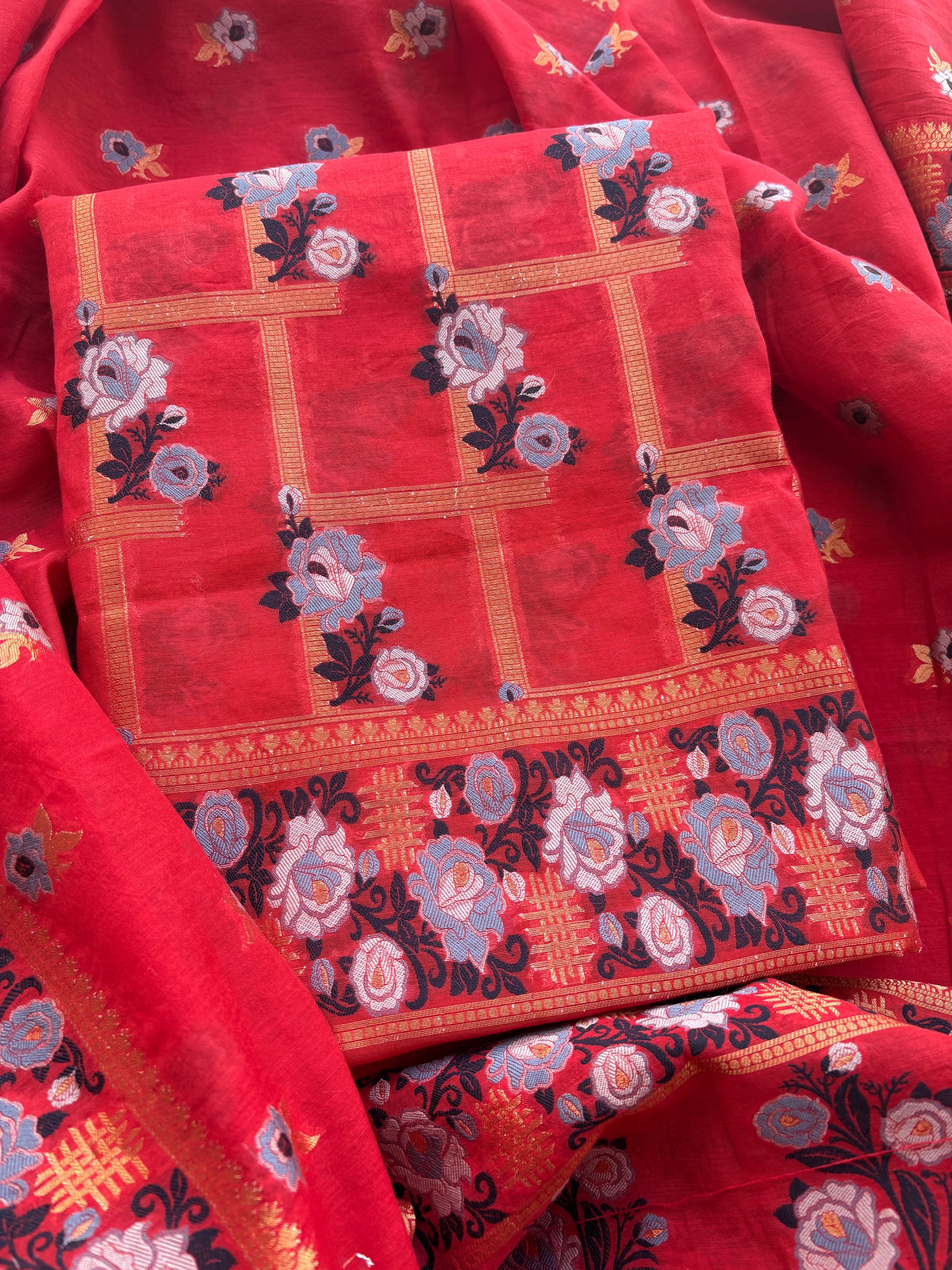 Red check design Chanderi suit set