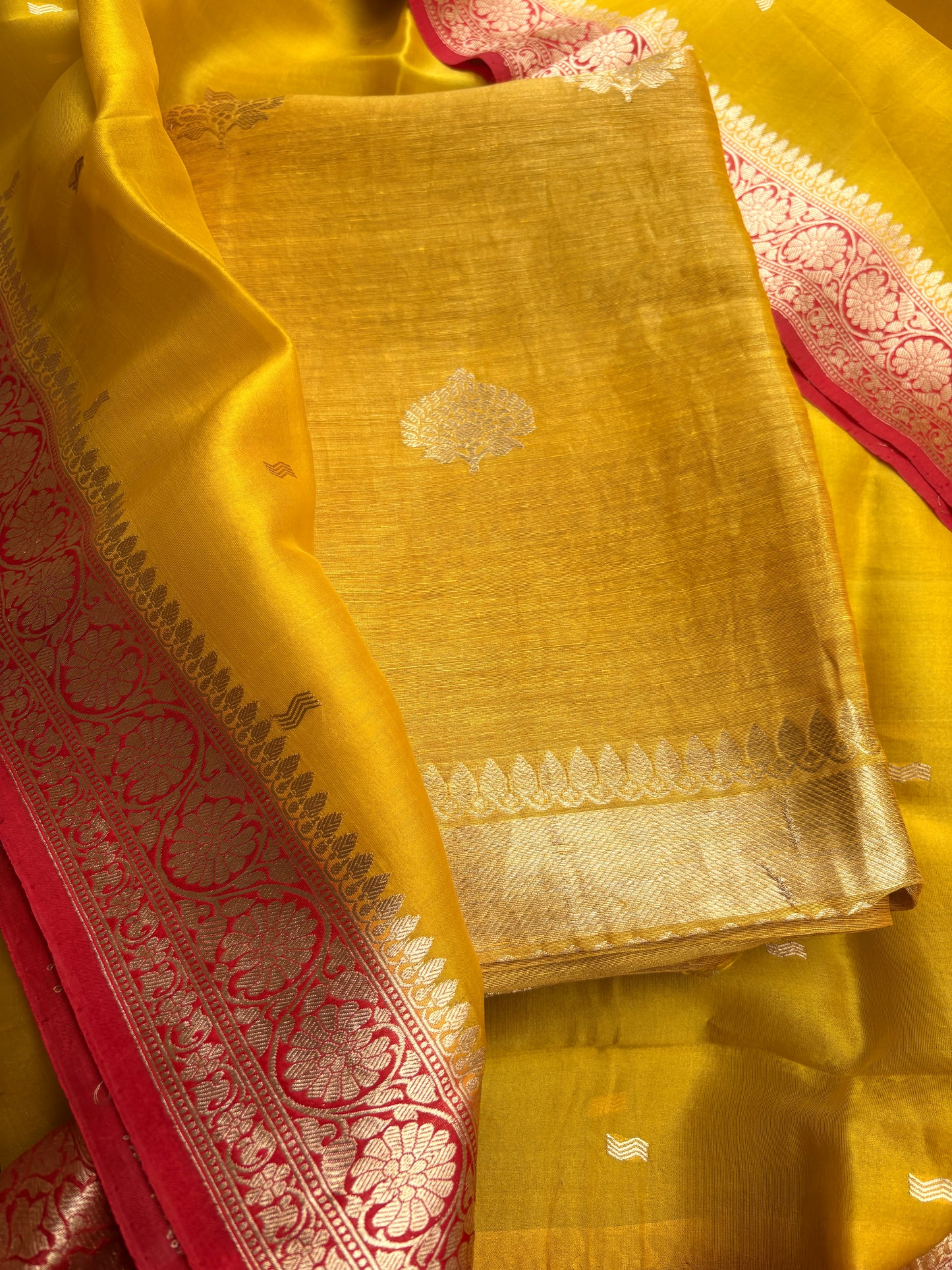 Yellow linen silk kurta, bottom, shaded kora dupatta