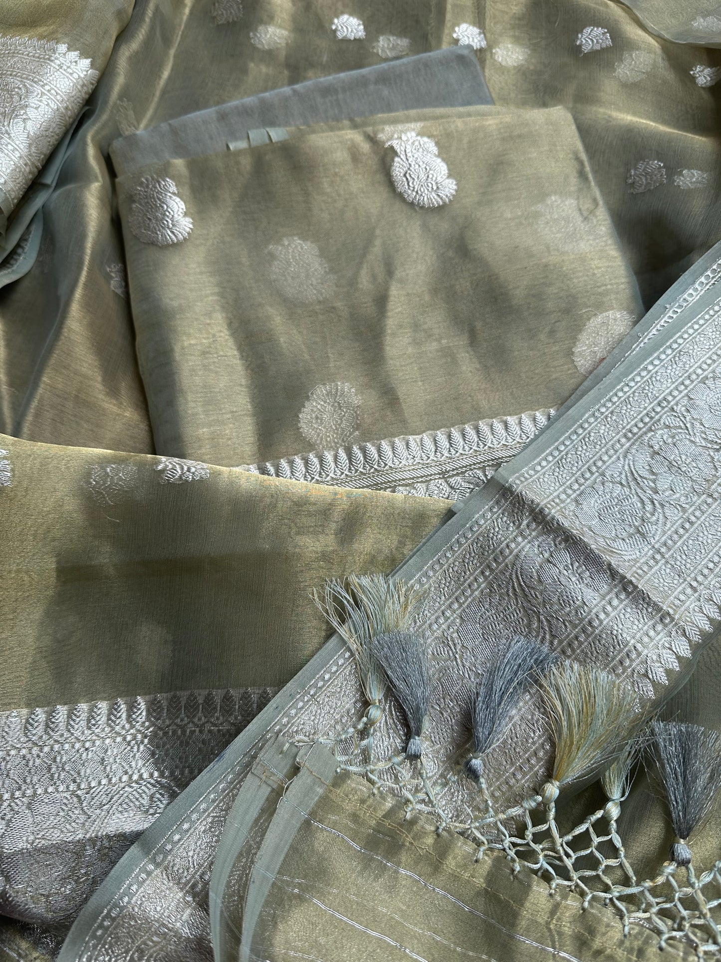 Mint green pure silver zari kadhwa tissue suit set