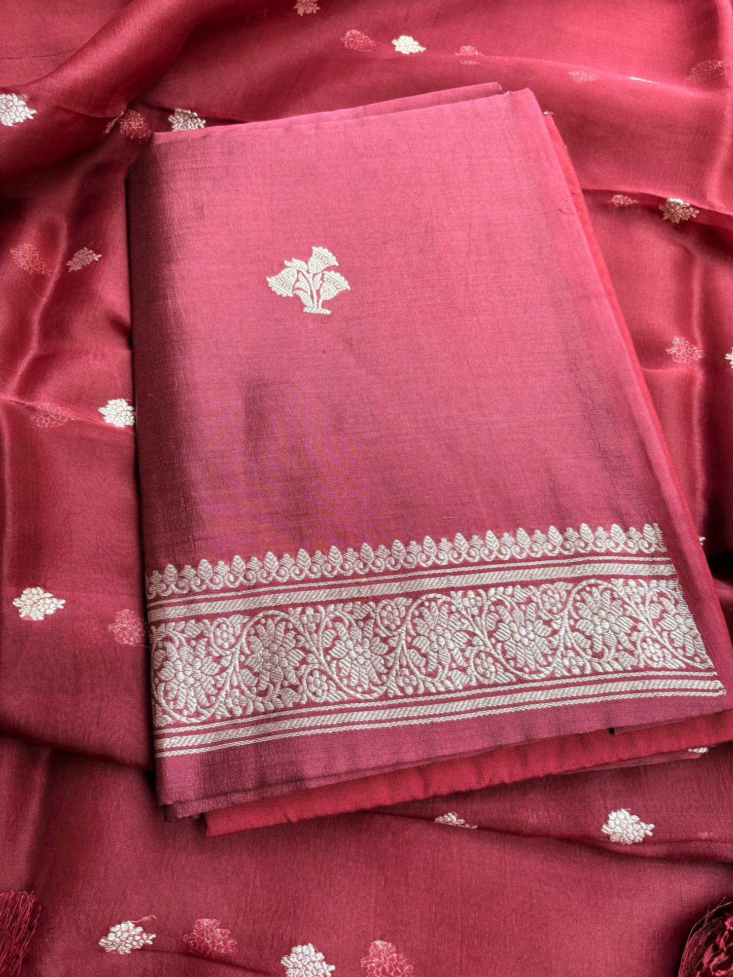 Maroon Chiniya Silk silver zari 3 piece suit set