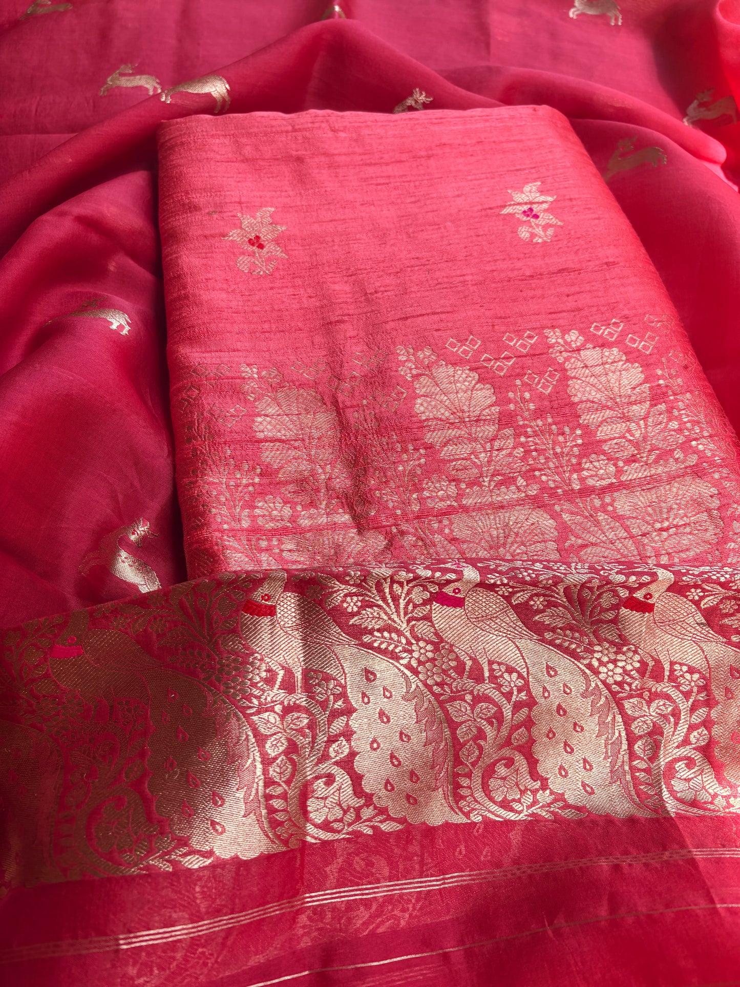Peach raw silk kurta, bottom , kora silk dupatta