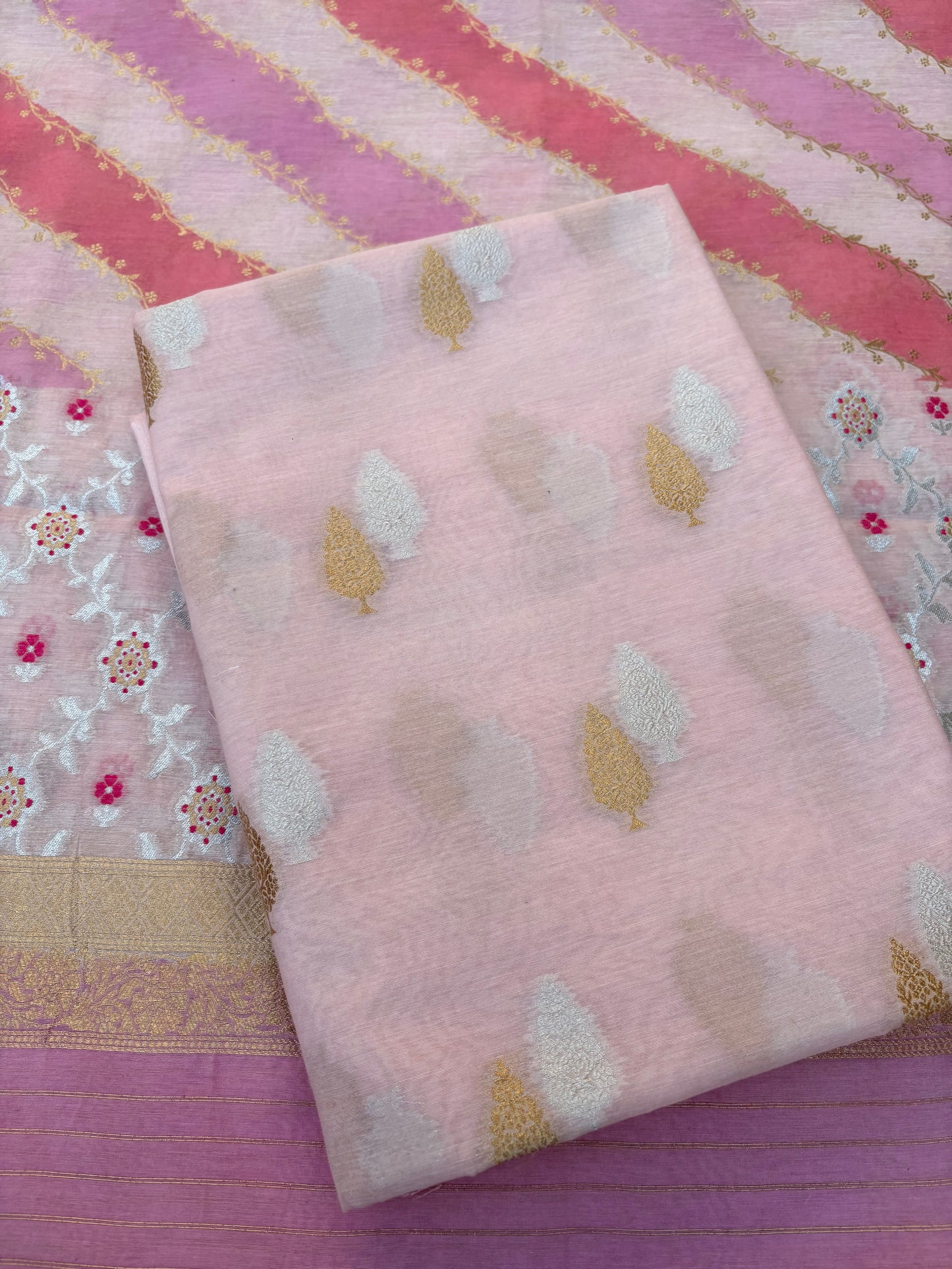 Pink Chanderi kurta, rangkat dupatta , plain bottom