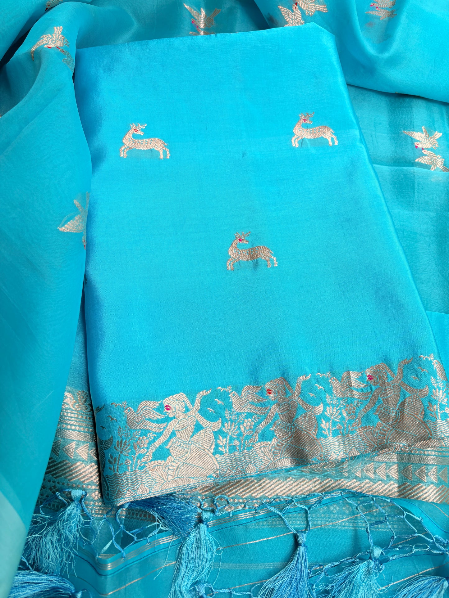 Blue pure silk kadhwa motif suit set