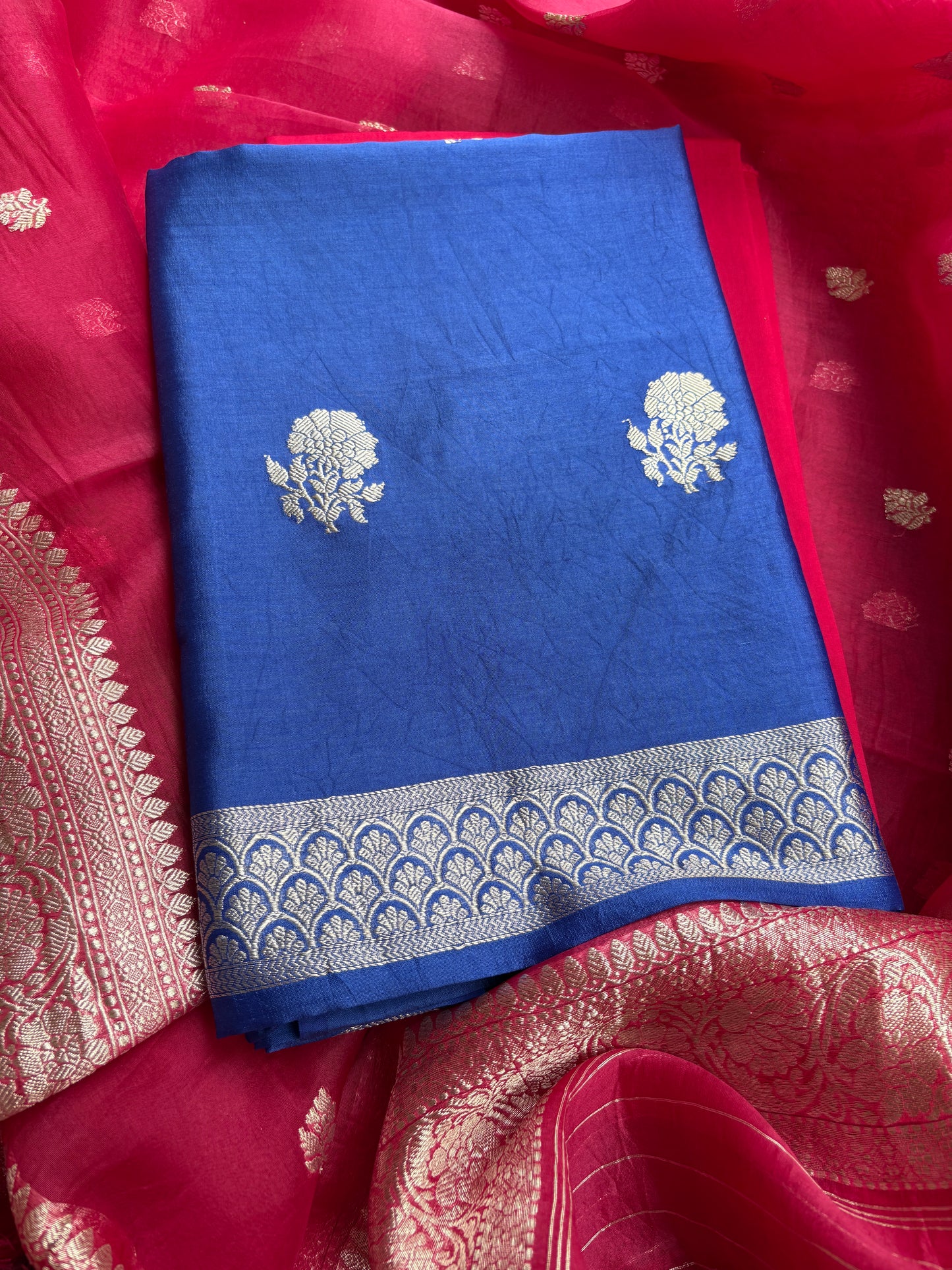 Blue Chiniya silk kurta, pink kora kadhwa dupatta, plain bottom