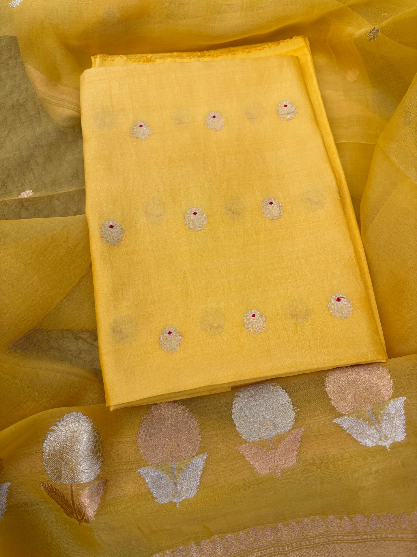 Yellow Chiniya silk kurta, kora silk dupatta , plain bottom