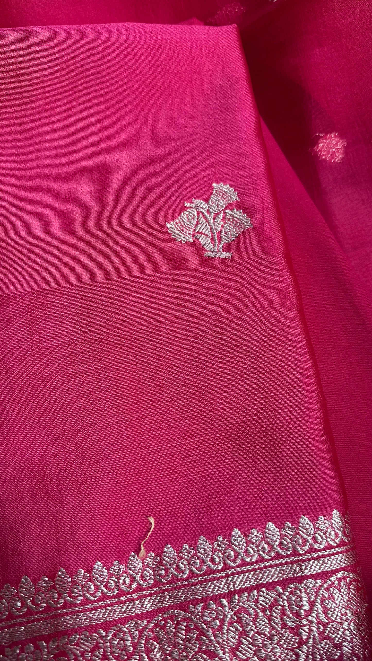 Pink pure silver zari chiniya silk kurta, kora silk dupatta, plain silk bottom.