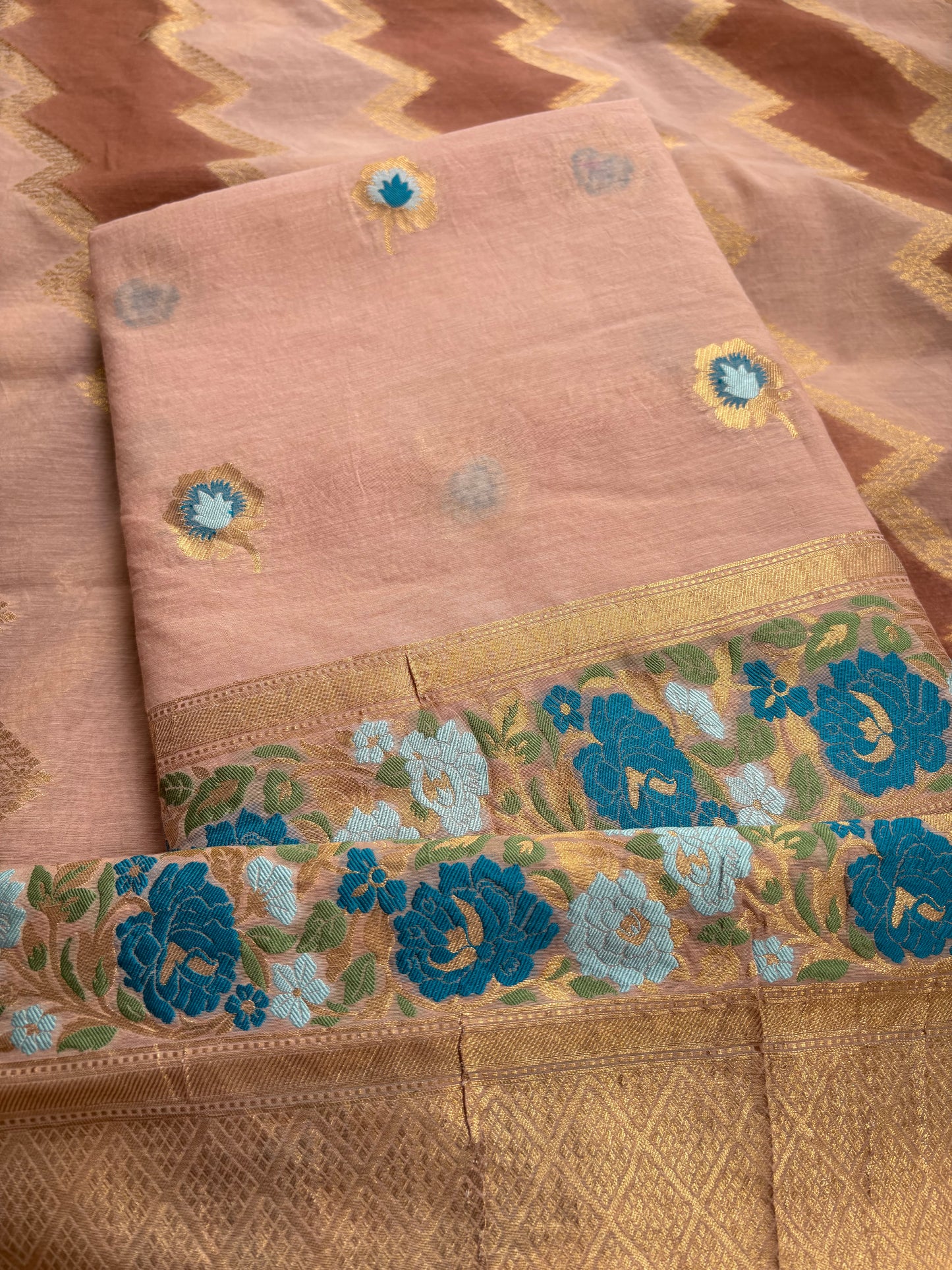 Peach Chanderi cotton 3 piece suit set