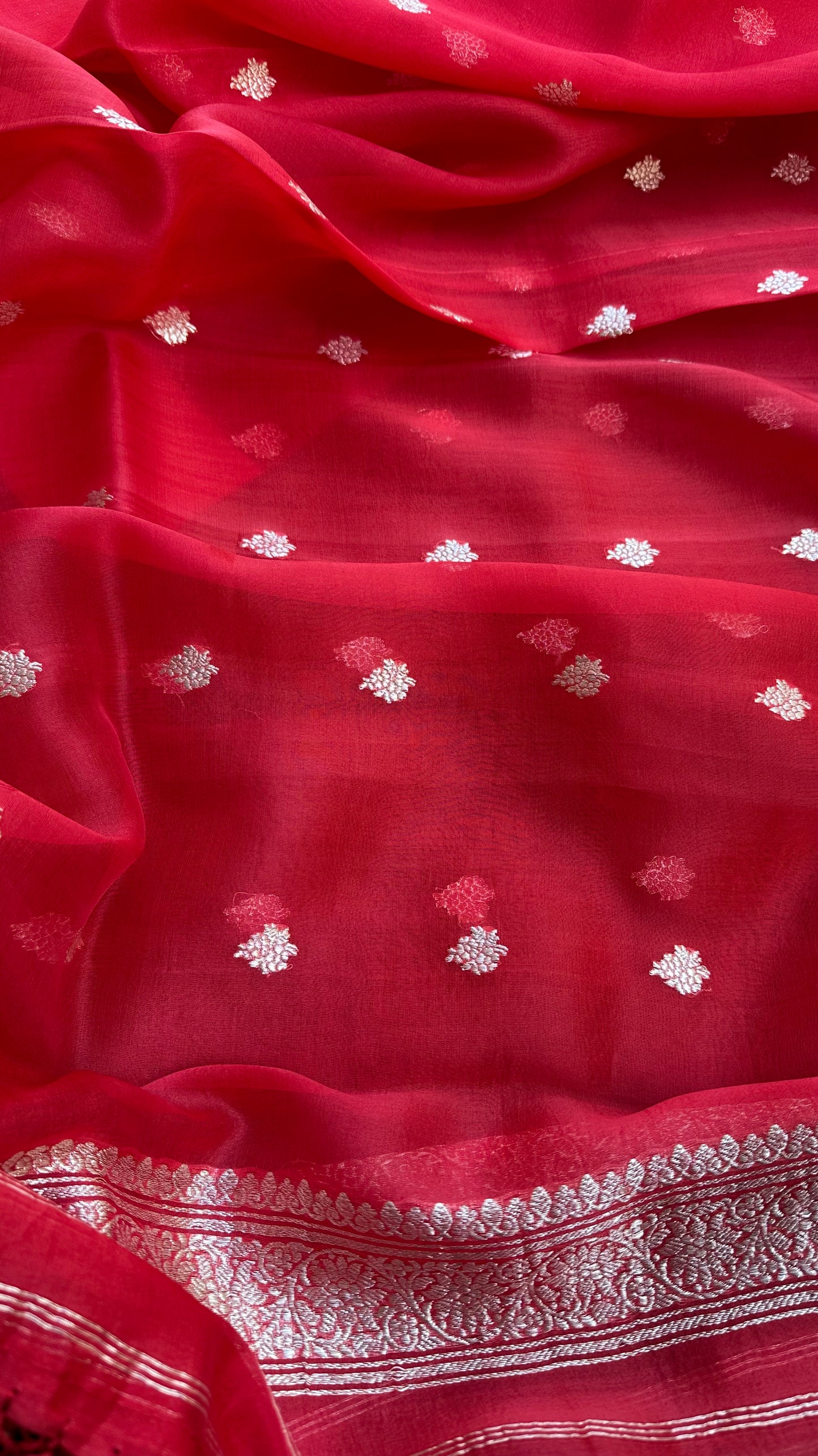 Red pure silver zari kurta, kora silver zari dupatta, plain bottom