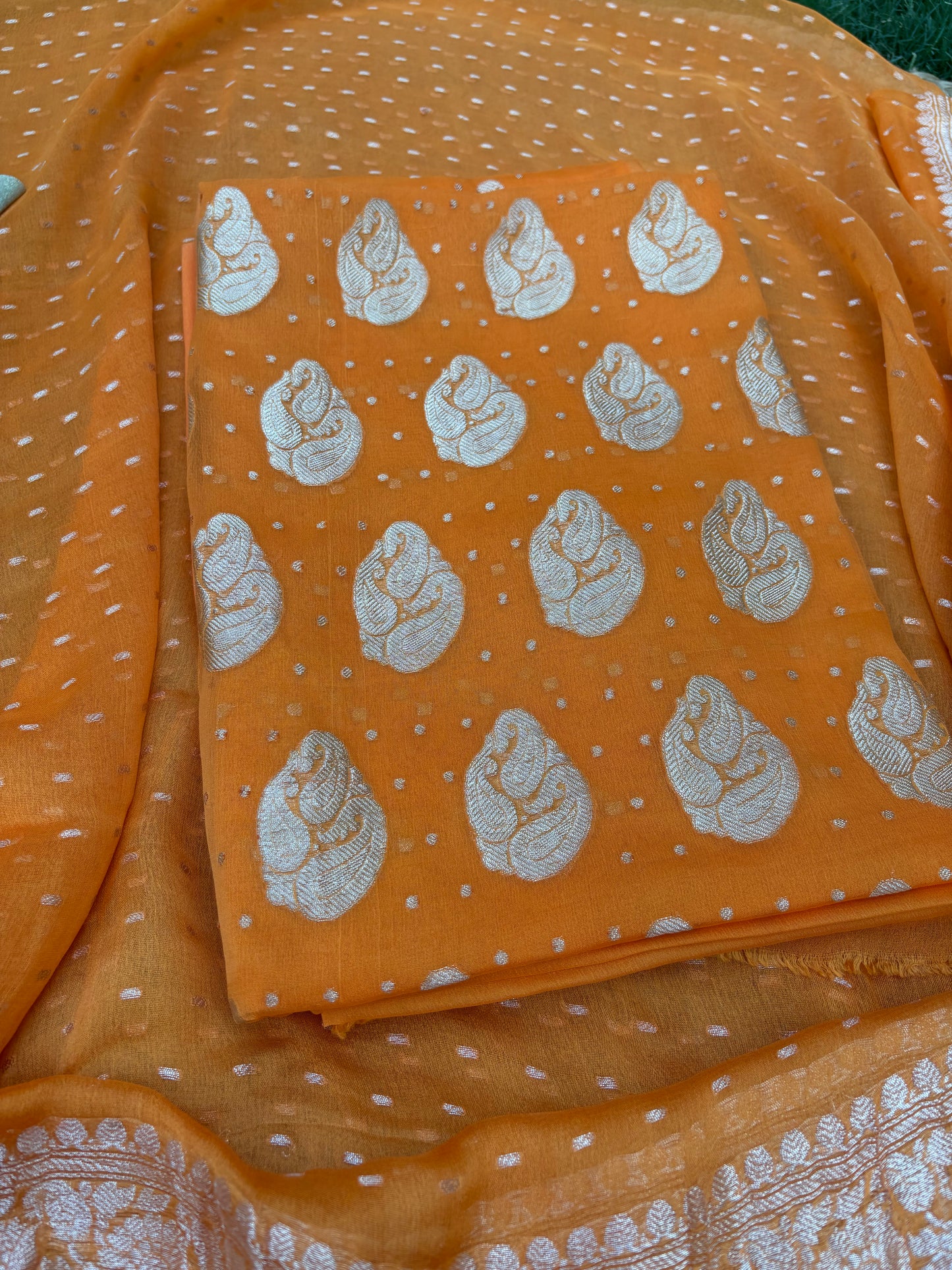 Orange Khaddi chiffon kadhwa 3 piece suit set