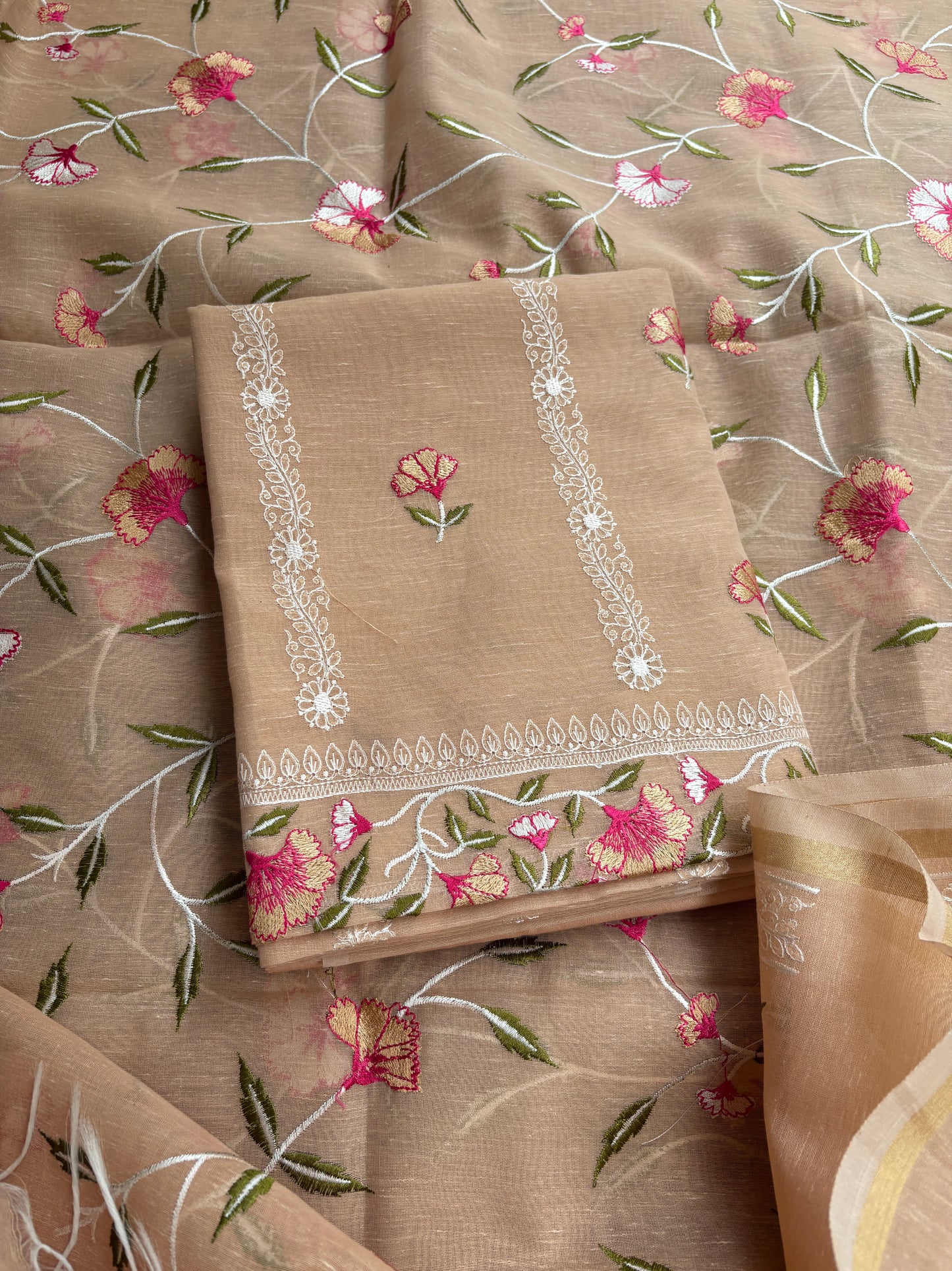Nude beige cotton linen 3 piece suit set
