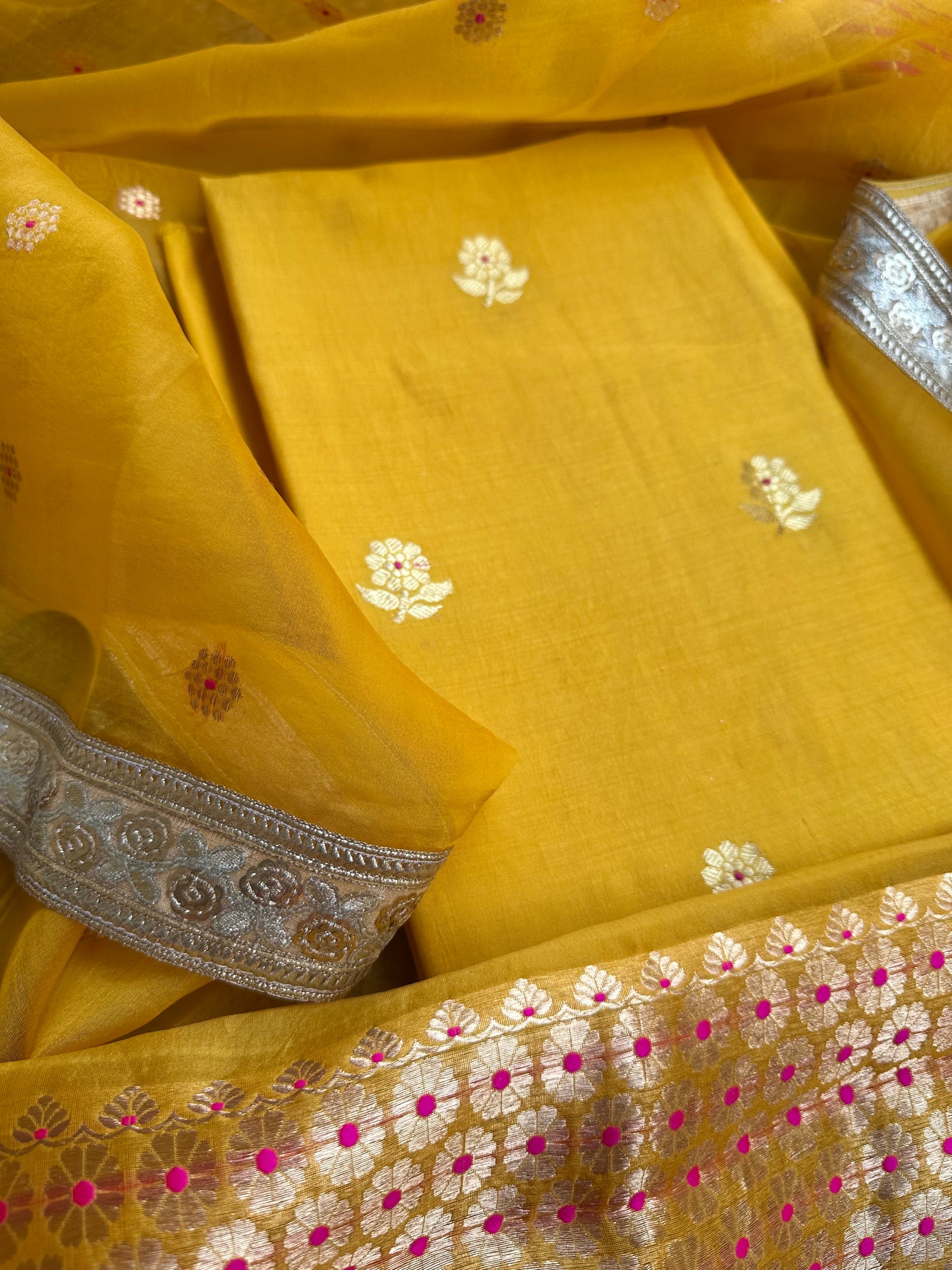 Yellow chiniya silk kurta with handwork dupatta, plain bottom