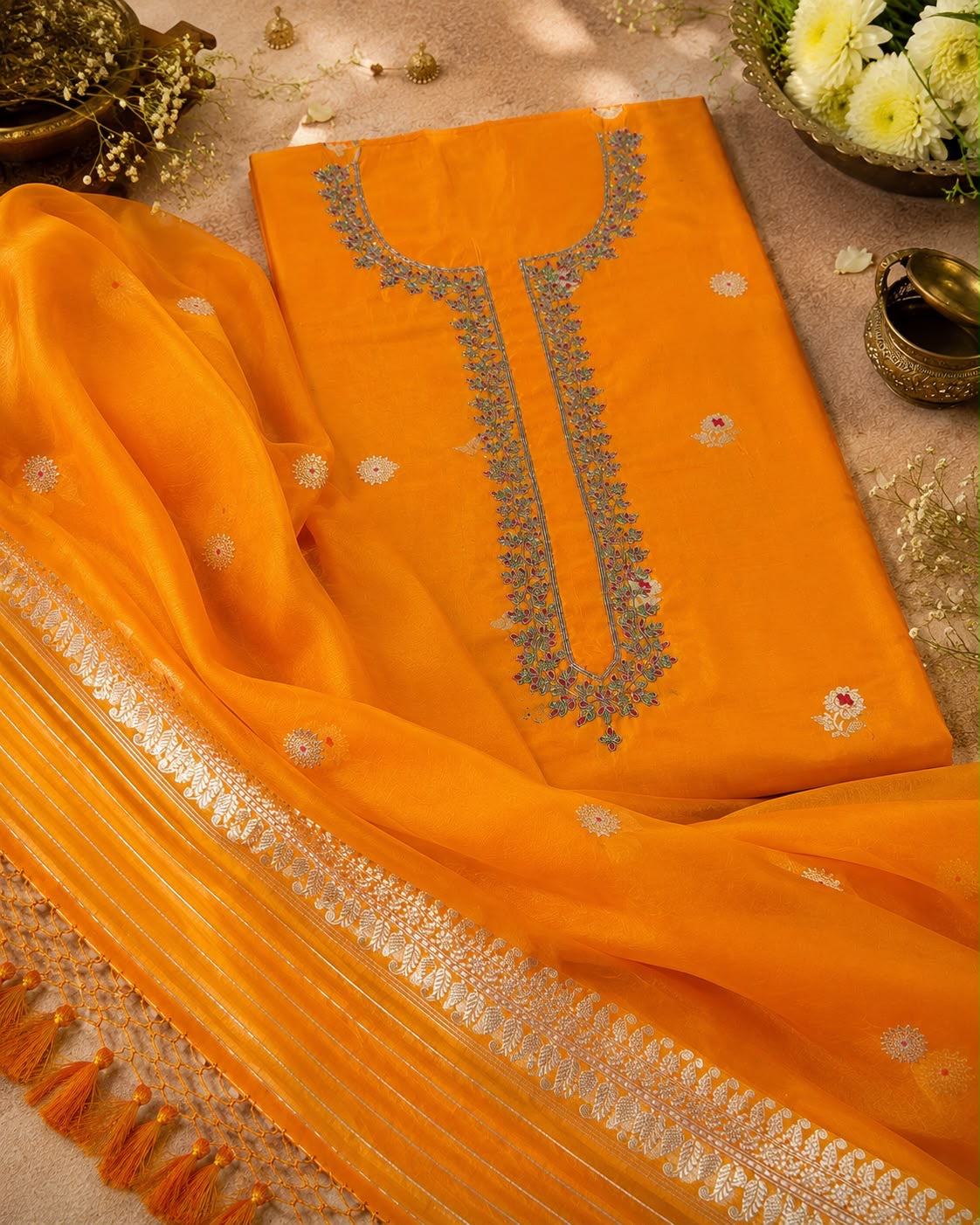 Orange hand embroidered pure silk suit set