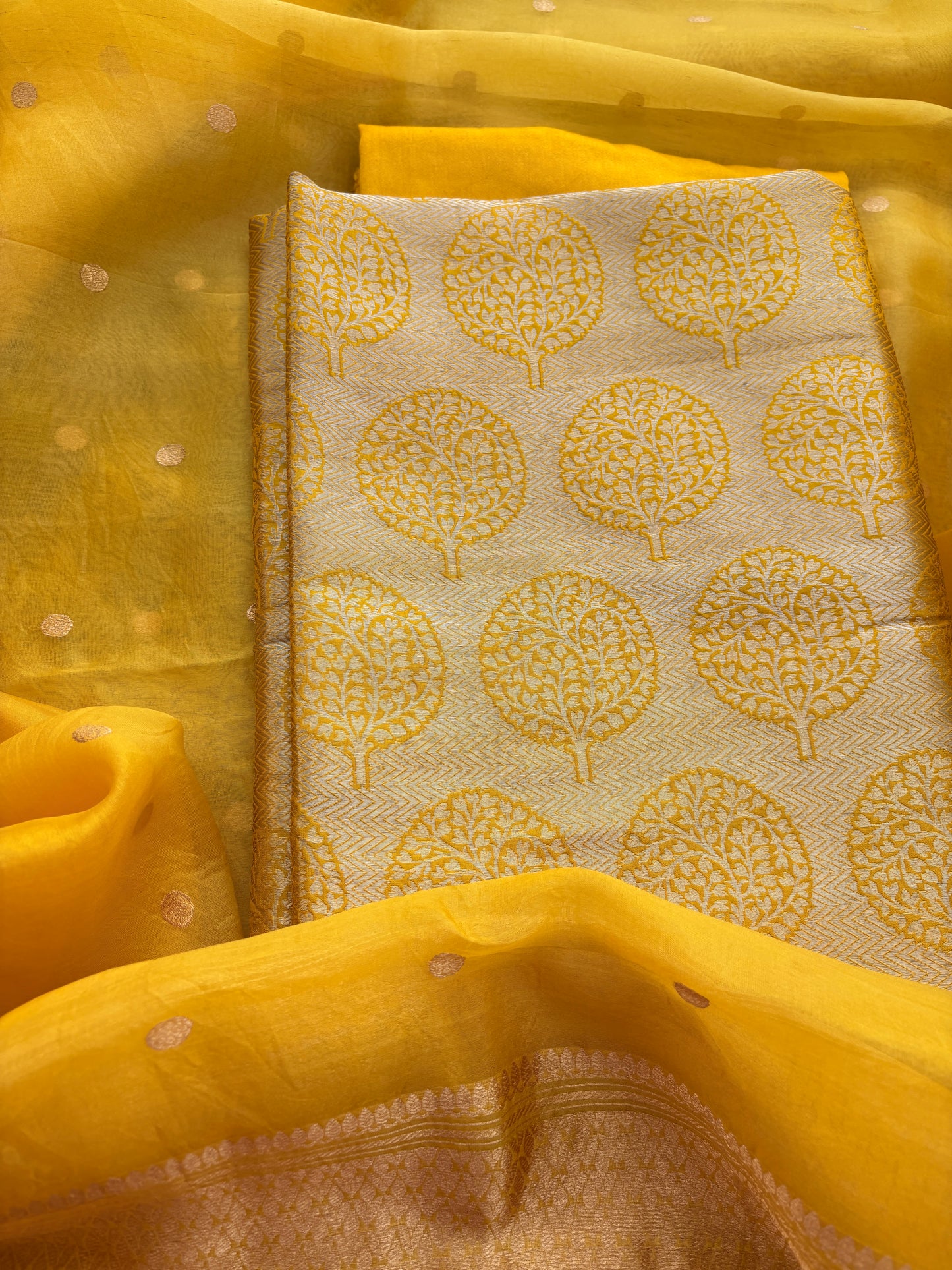 Yellow Katan brocade kurta and bottom , kora silk dupatta