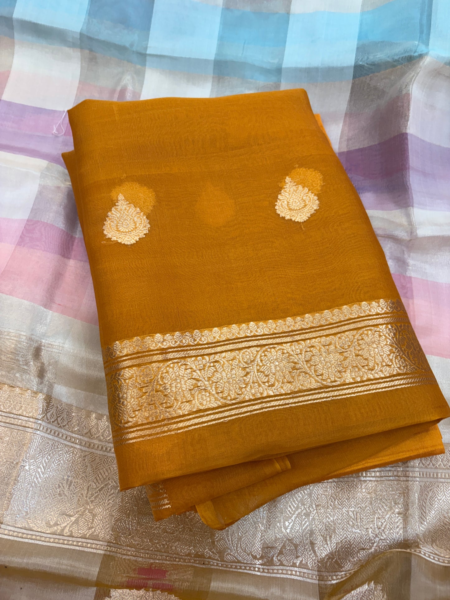 Mustard Kora silk with check kadhwa dupatta
