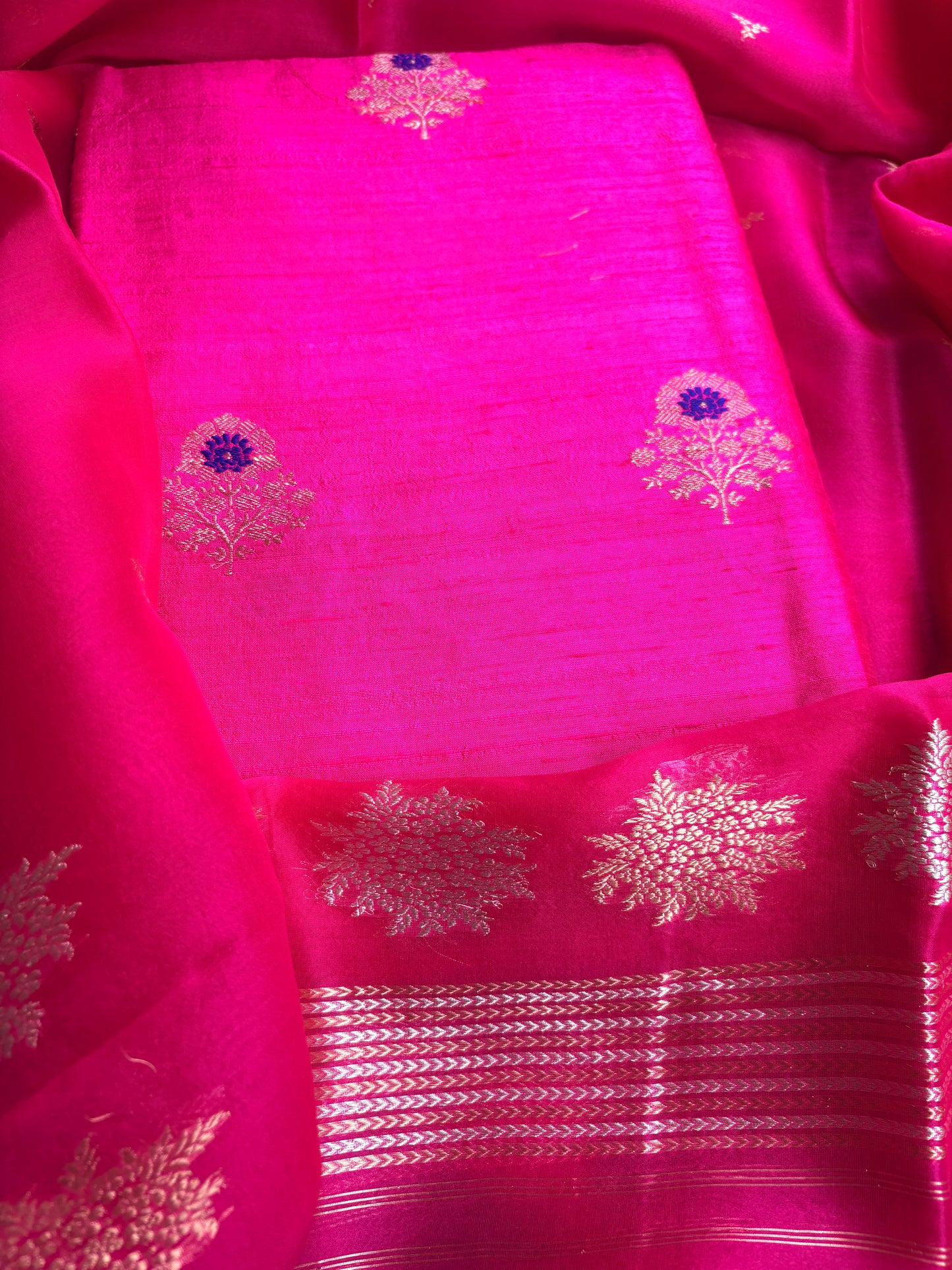 Pink kadhwa meenadar raw silk Kurta, bottom , kora kadhwa dupatta