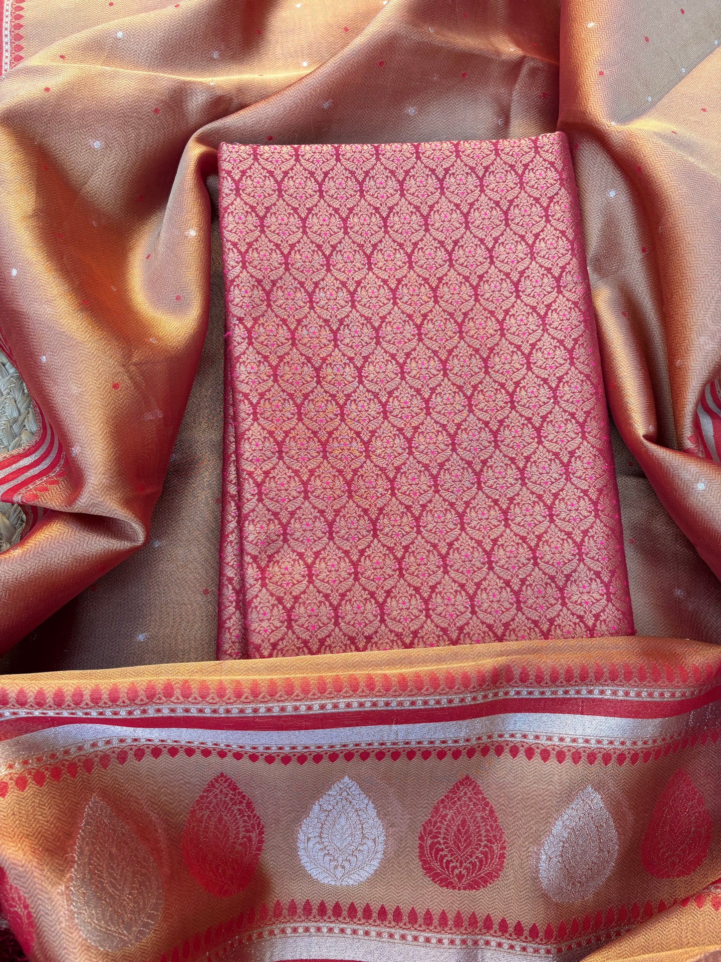 Maroon brocade cotton tissue suit set