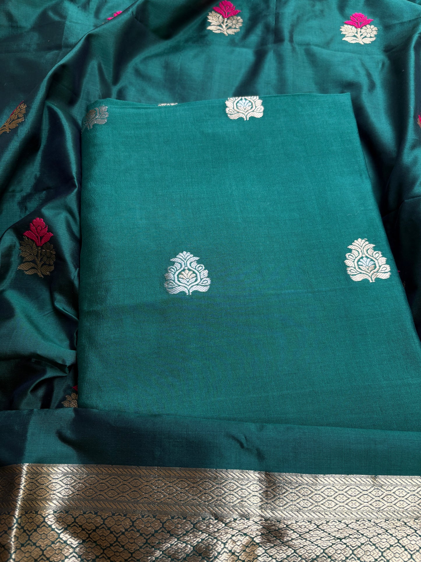 Green Chiniya silk kurta, bottom, katan silk kadhwa dupatta