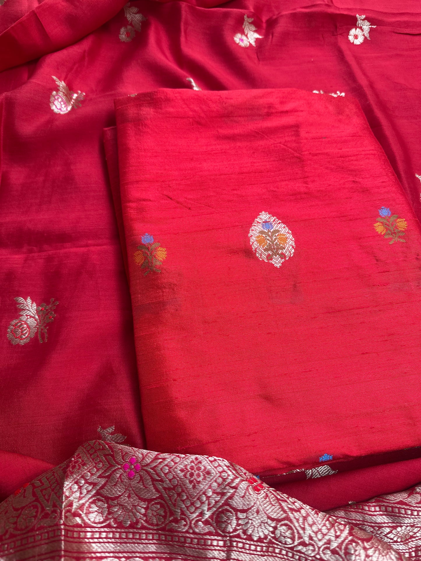 Red raw silk meenadar kurta, chiniya silk dupatta, plain raw silk bottom.