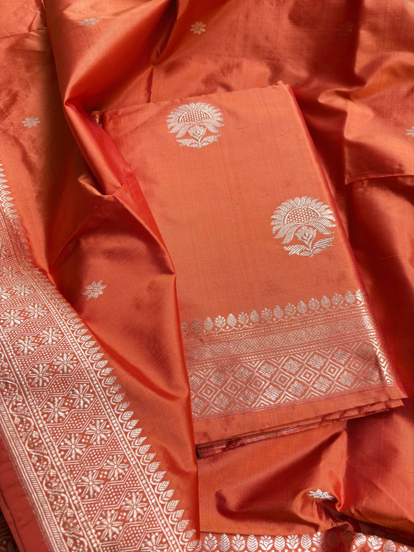 Orange katan by katan silk kadhwa suit set
