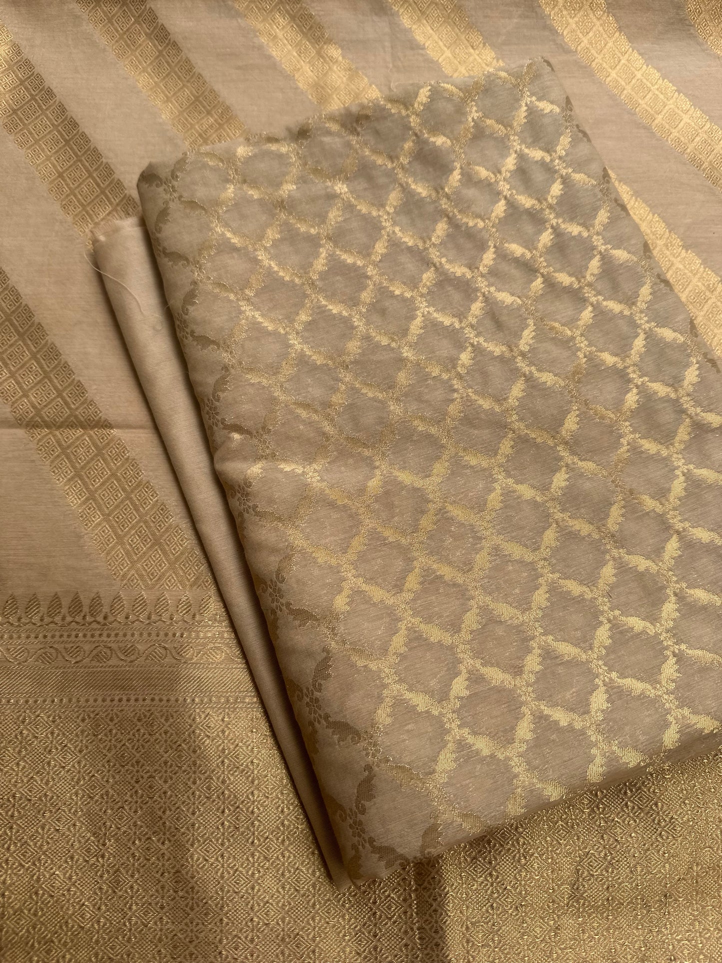 Beige Chanderi 3 piece suit set