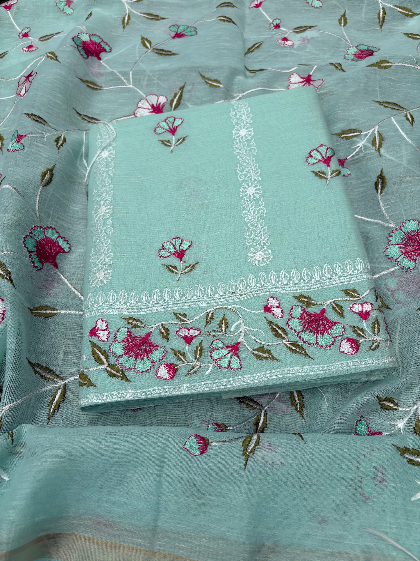 Blue linen cotton embroidered 3 piece suit set