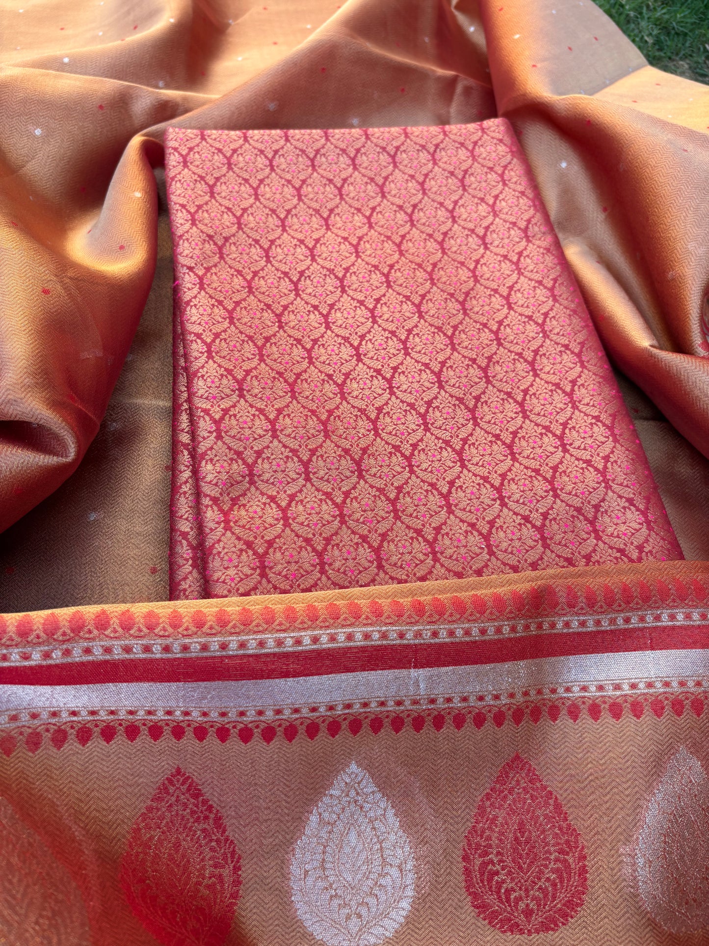 Maroon brocade cotton tissue suit set