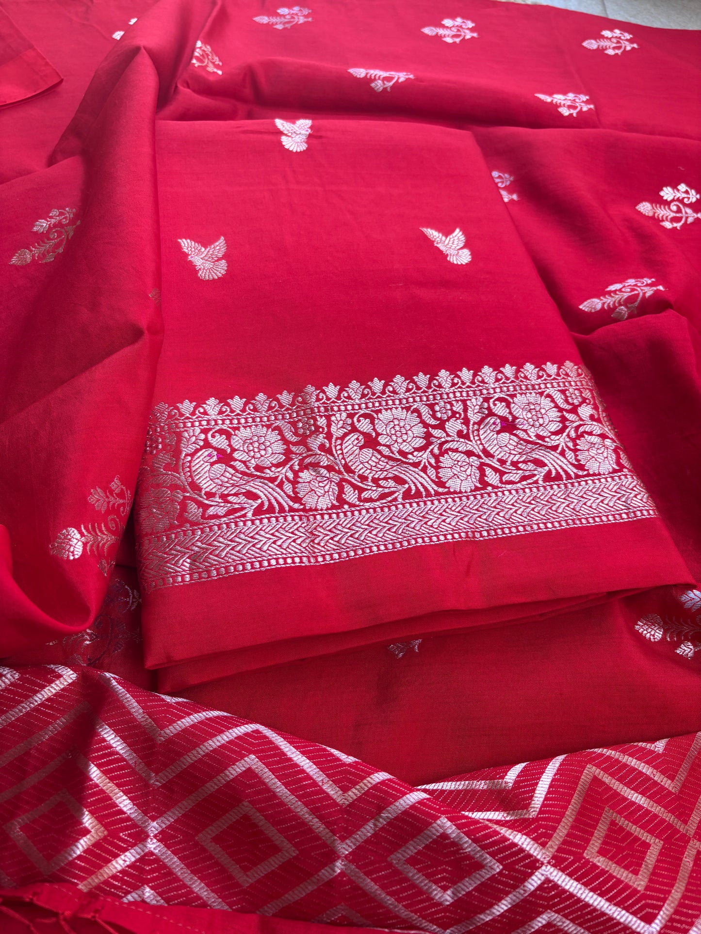 Red Chiniya silk 3 piece bird motif suit set